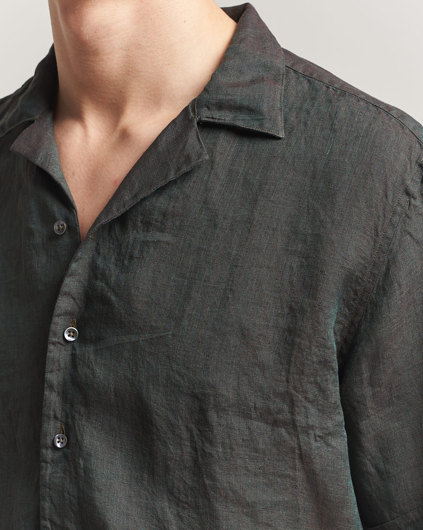 Uomini | Camicie | Stenströms | Short Sleeve Linen Shirt Dark Green