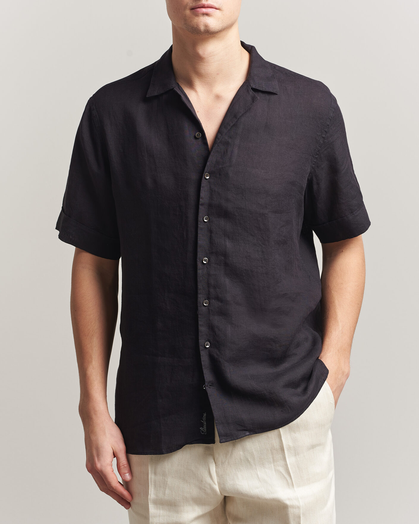 Uomini | Camicie | Stenströms | Short Sleeve Linen Shirt Black