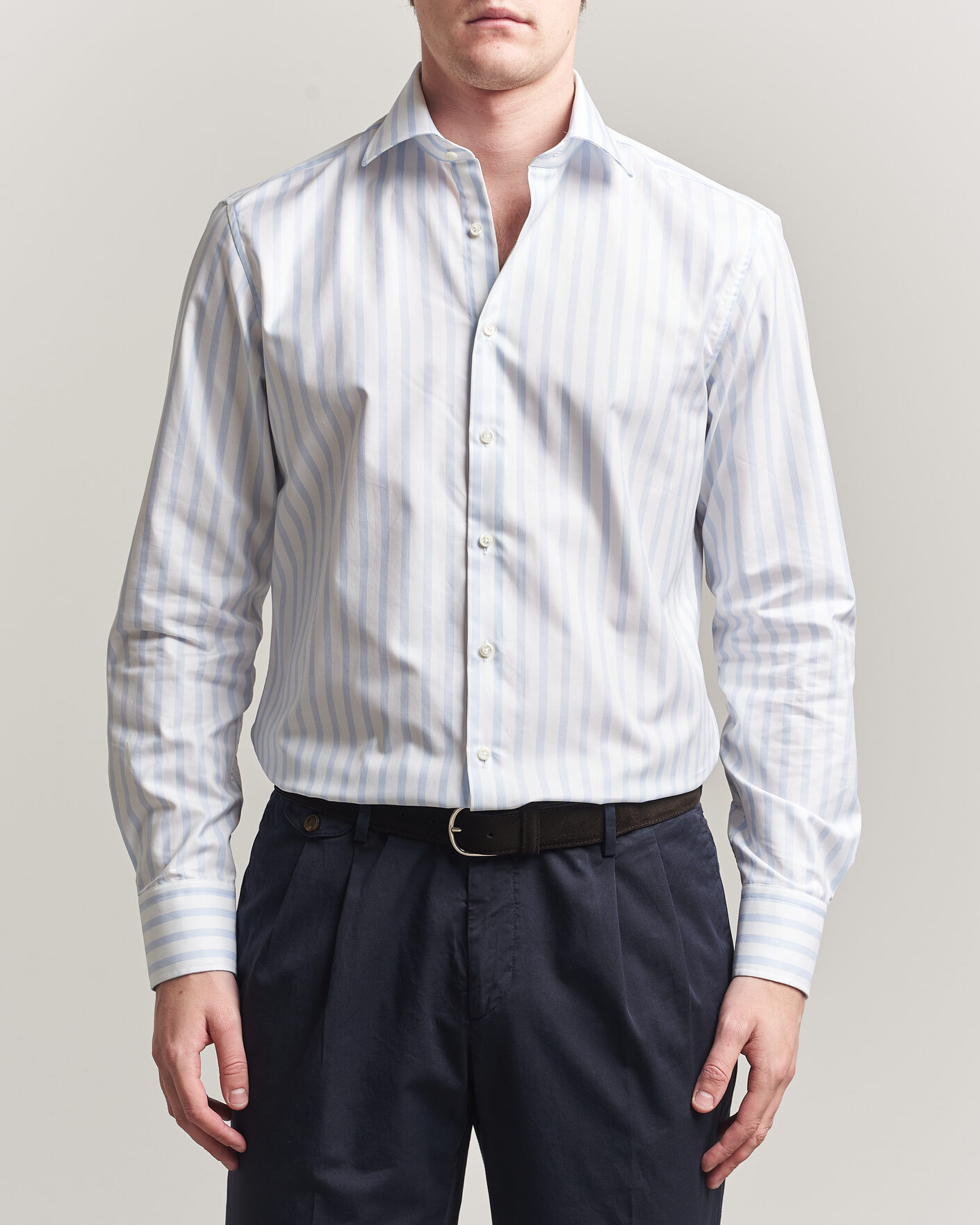 Uomini | Camicie | Stenströms | Regular Wide Stripe Twill Shirt Light Blue