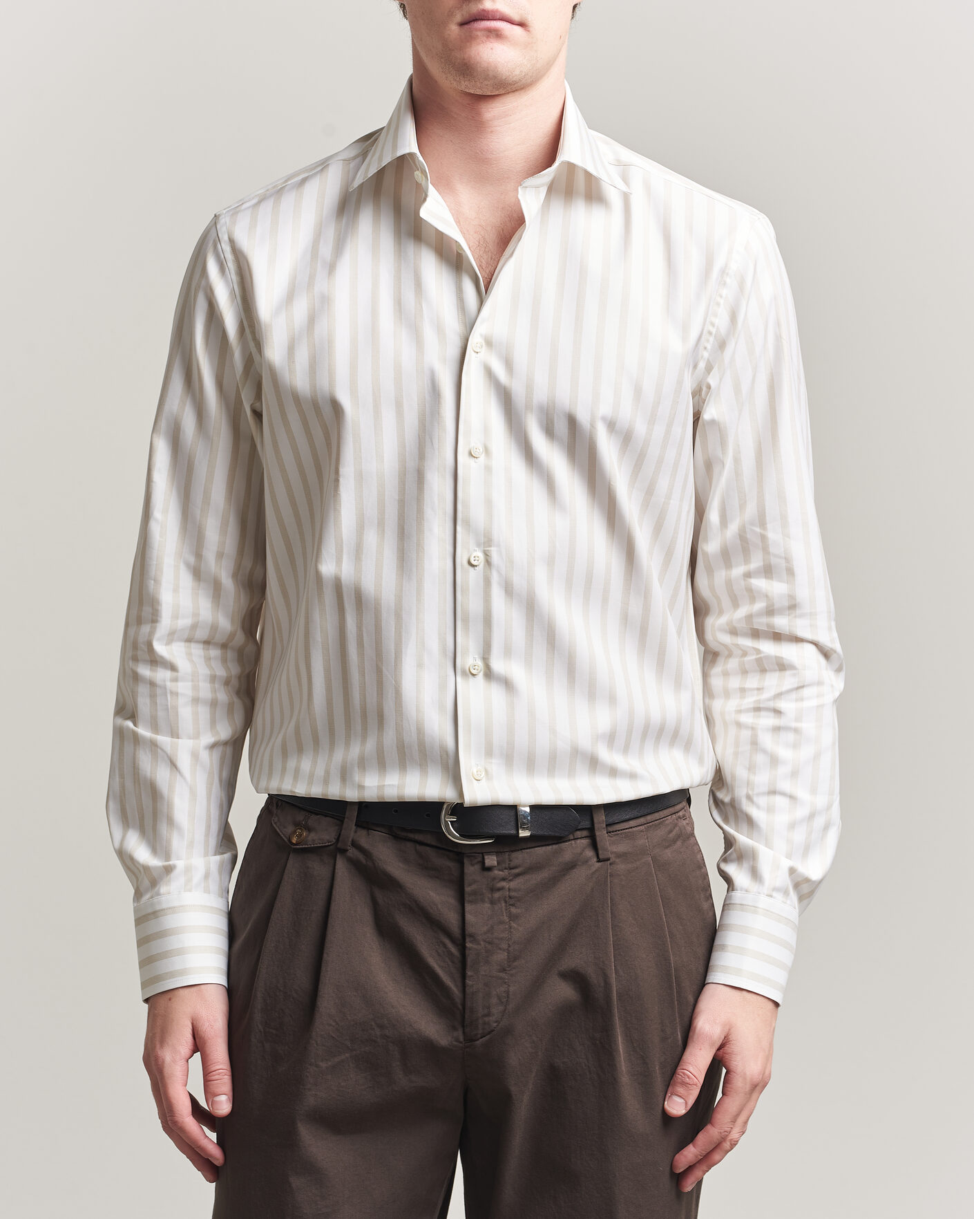 Uomini | Camicie | Stenströms | Regular Wide Stripe Twill Shirt Beige
