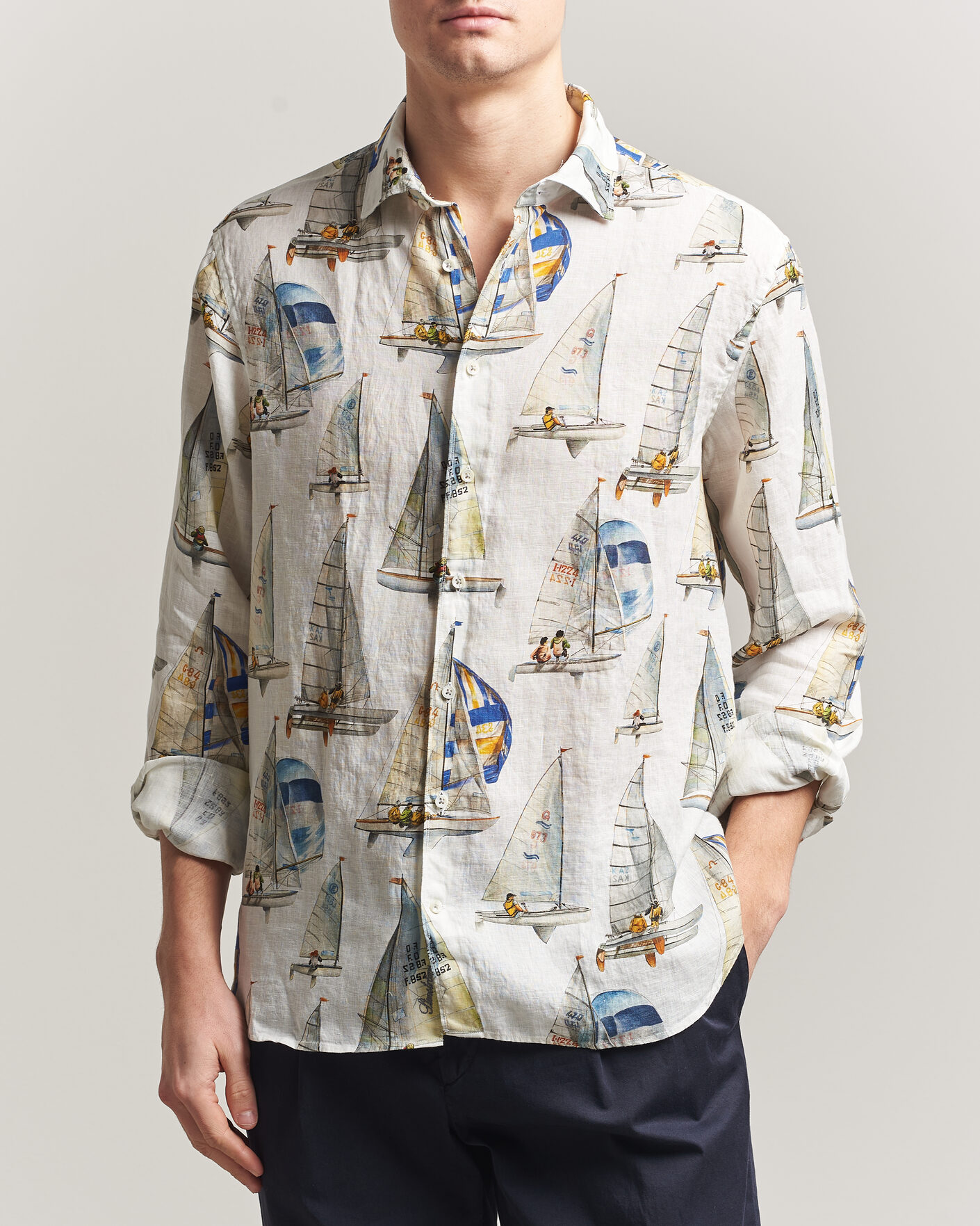 Uomini | Camicie | Stenströms | Regular Fit Printed Sailing Linen Shirt White