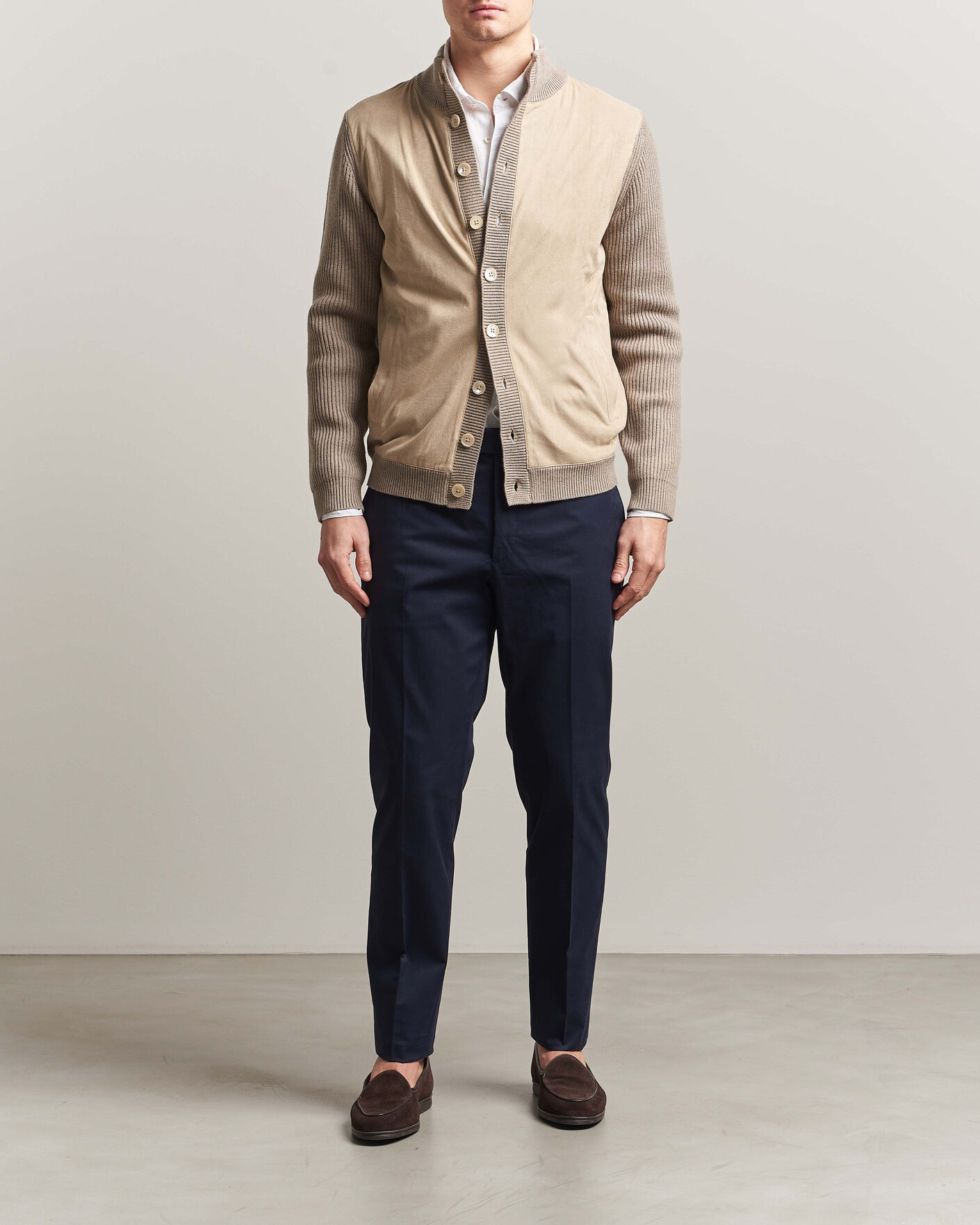 Uomini | Maglieria | Stenströms | Knitted Hybrid Buttoned Alcantara Cardigan Taupe