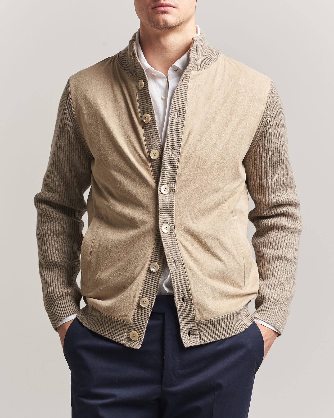 Uomini | Maglieria | Stenströms | Knitted Hybrid Buttoned Alcantara Cardigan Taupe