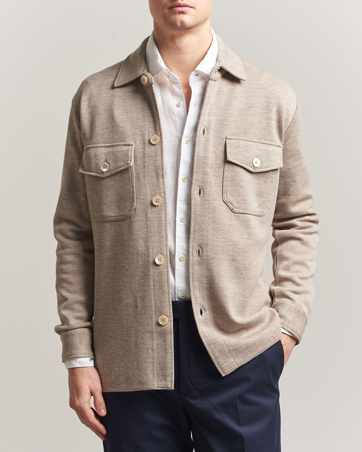 Uomini | Maglieria | Stenströms | Milano Knitted Merino Overshirt Beige