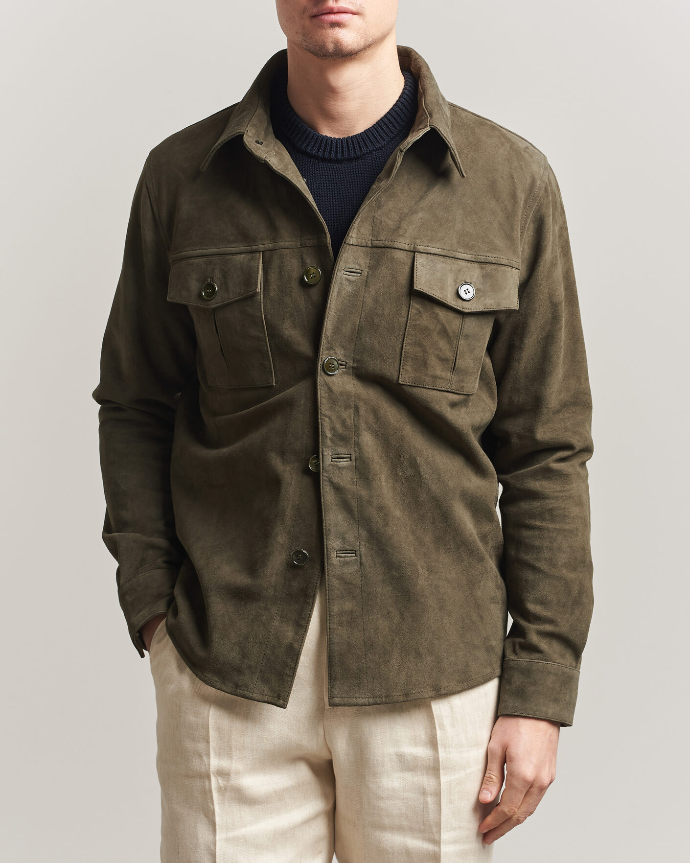 Uomini | Giacche | Stenströms | Suede Pocket Overshirt Olive