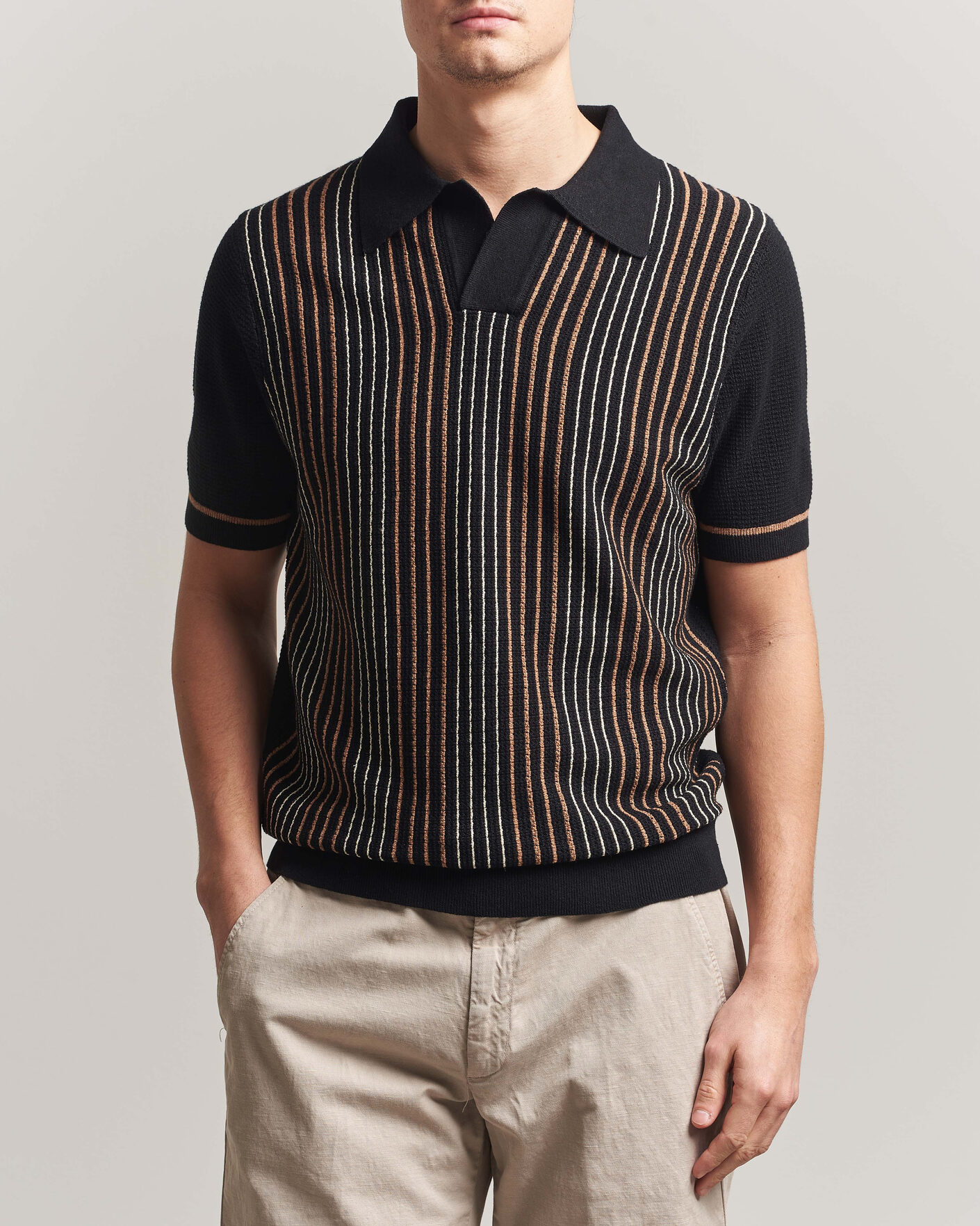 Uomini | Polo | Stenströms | Knitted Stripe Hemp/Cotton Polo Black