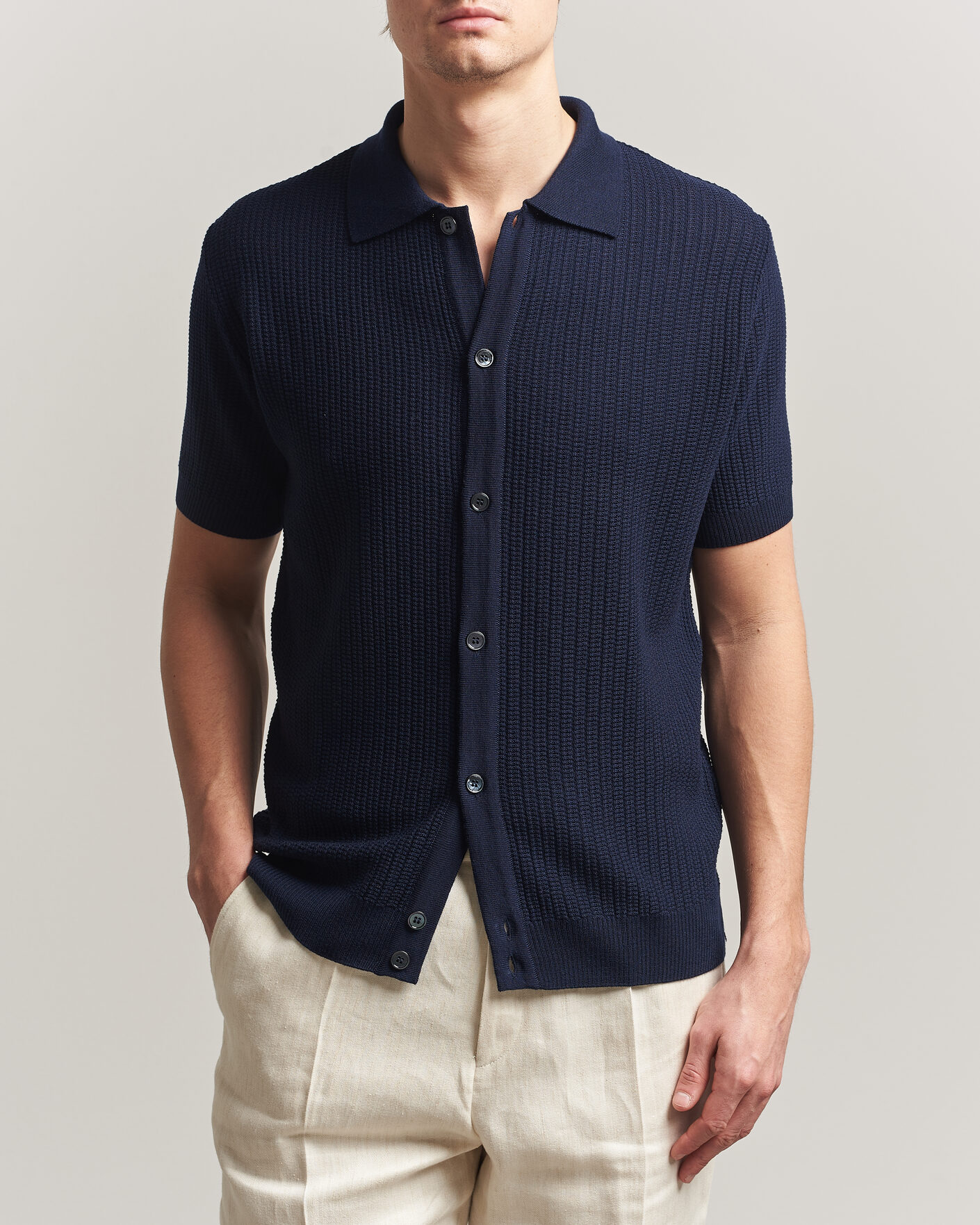 Uomini | Polo | Stenströms | Knitted Buttonthru Merino Polo Shirt Navy