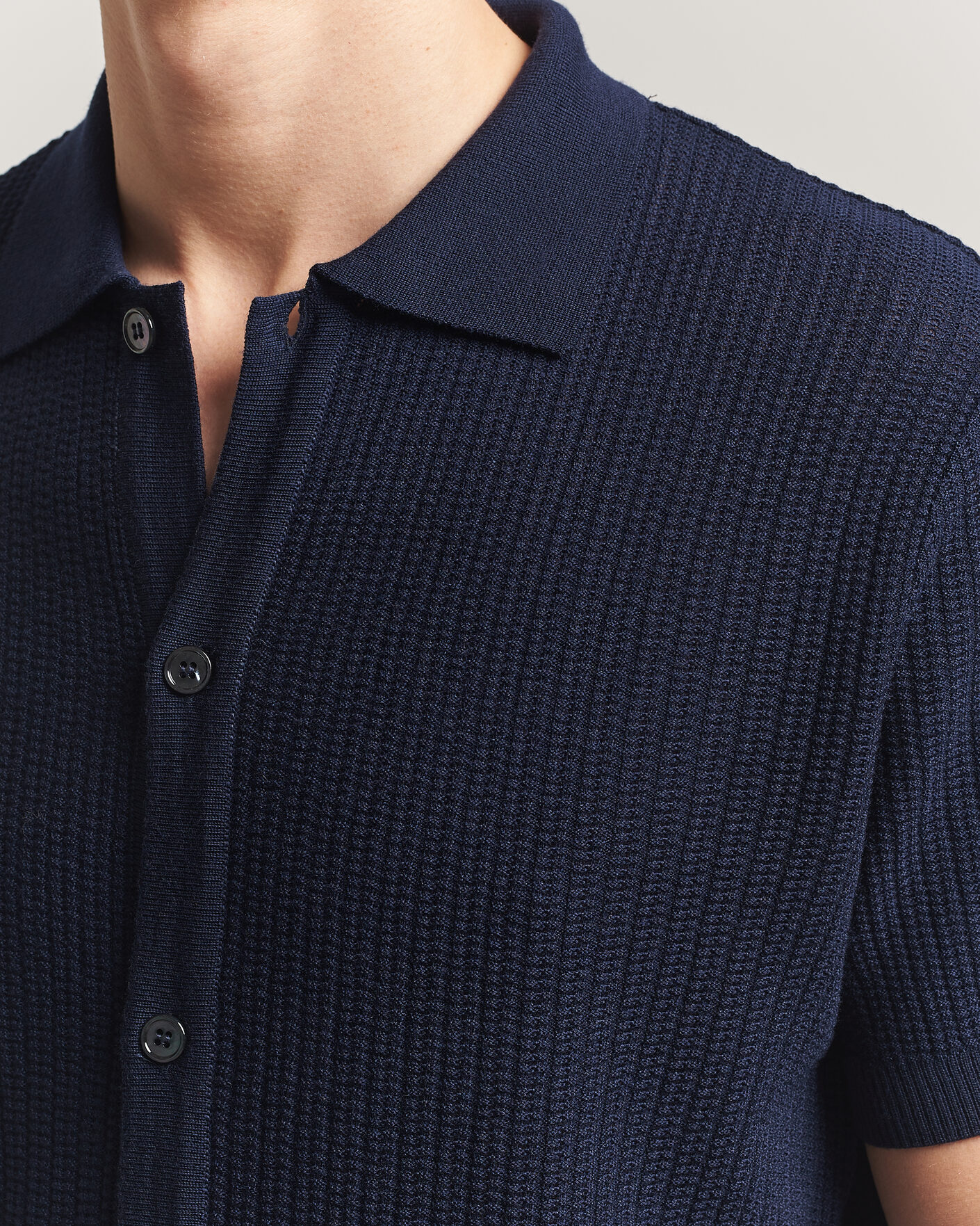 Uomini | Polo | Stenströms | Knitted Buttonthru Merino Polo Shirt Navy