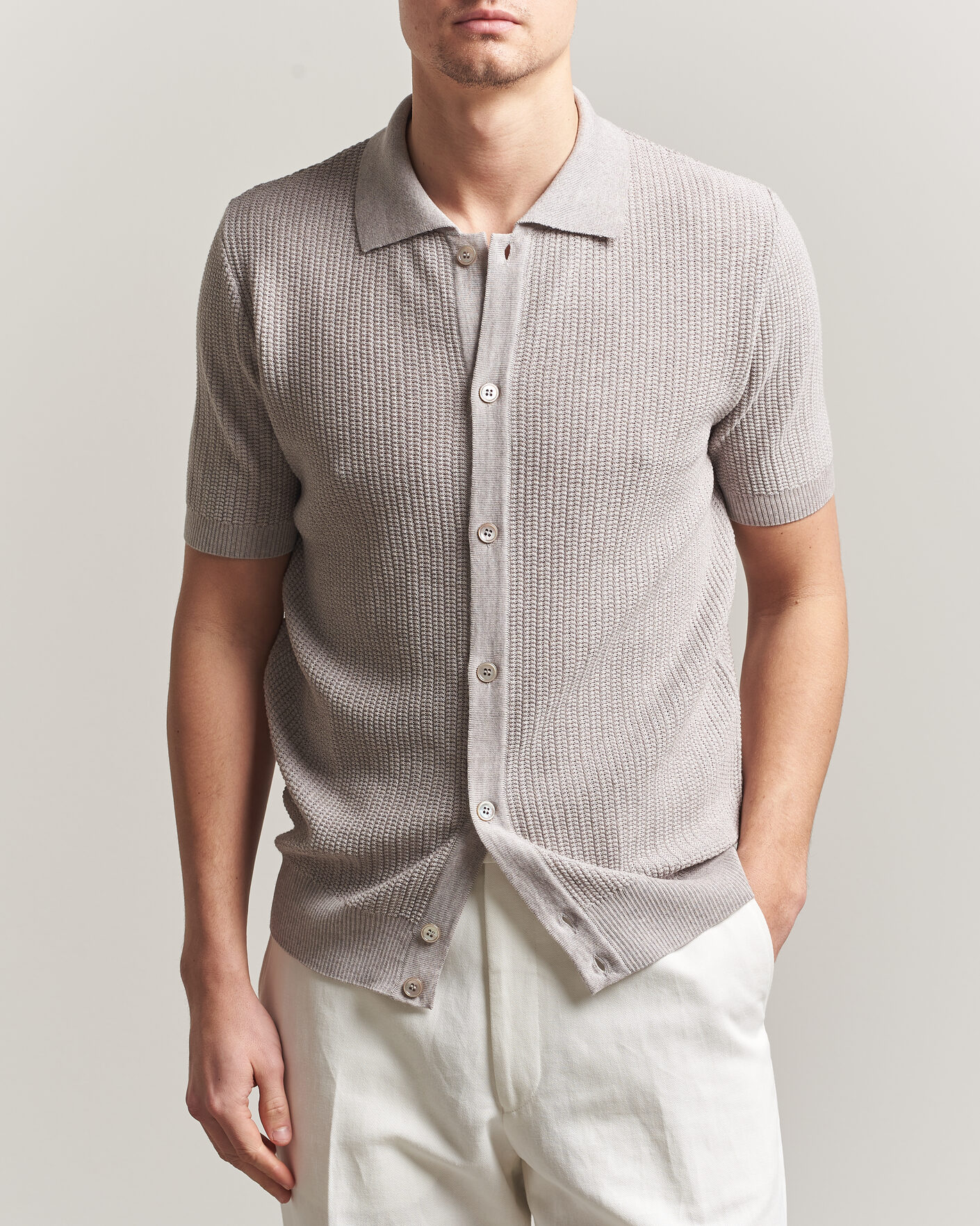 Uomini | Polo | Stenströms | Knitted Buttonthru Merino Polo Shirt Grey