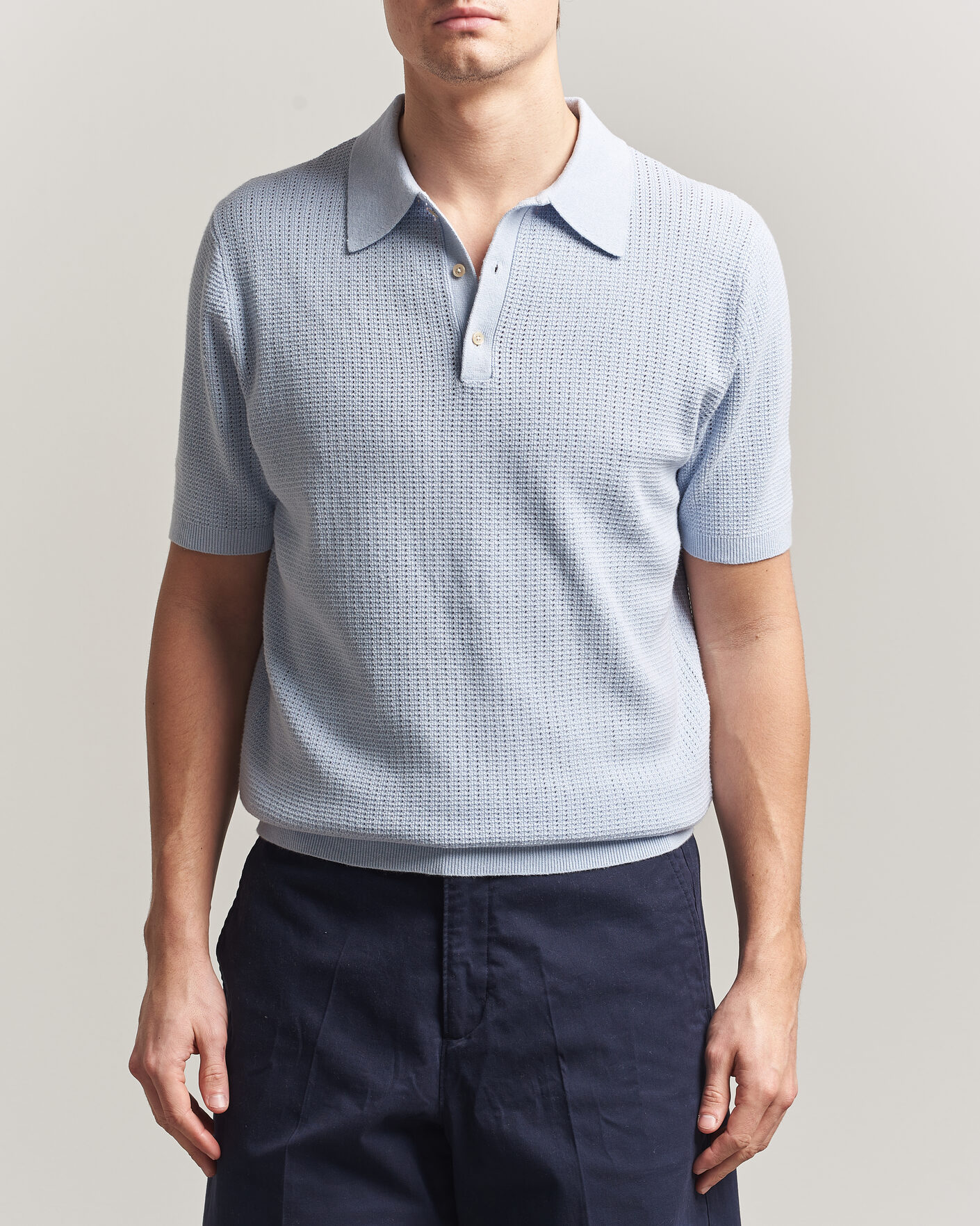 Uomini | Polo | Stenströms | Knitted Textured Cotton/Hemp Polo Light Blue