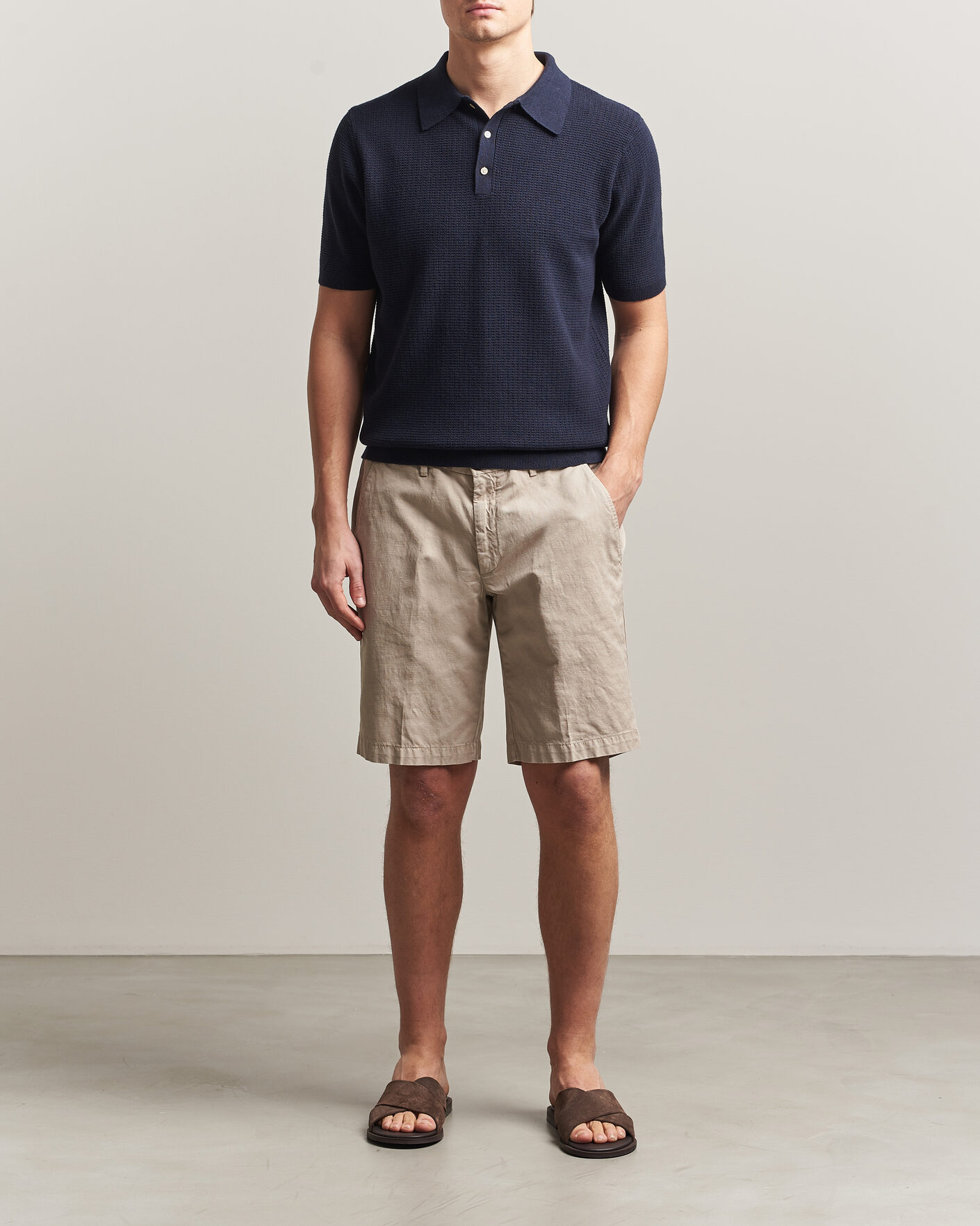 Uomini | Polo | Stenströms | Knitted Textured Cotton/Hemp Polo Navy