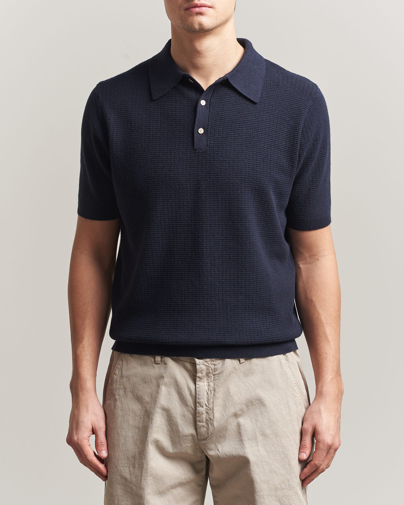 Uomini | Polo | Stenströms | Knitted Textured Cotton/Hemp Polo Navy