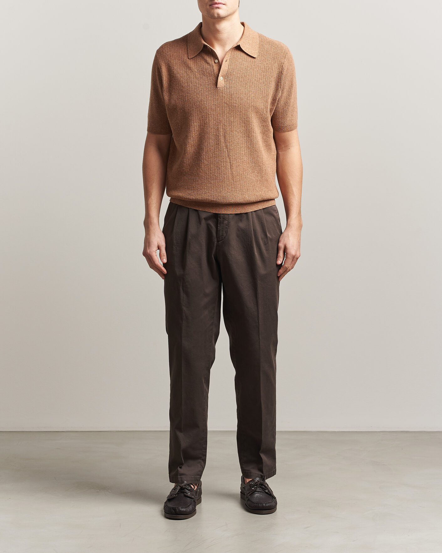 Uomini | Polo | Stenströms | Knitted Textured Cotton/Hemp Polo Light Brown
