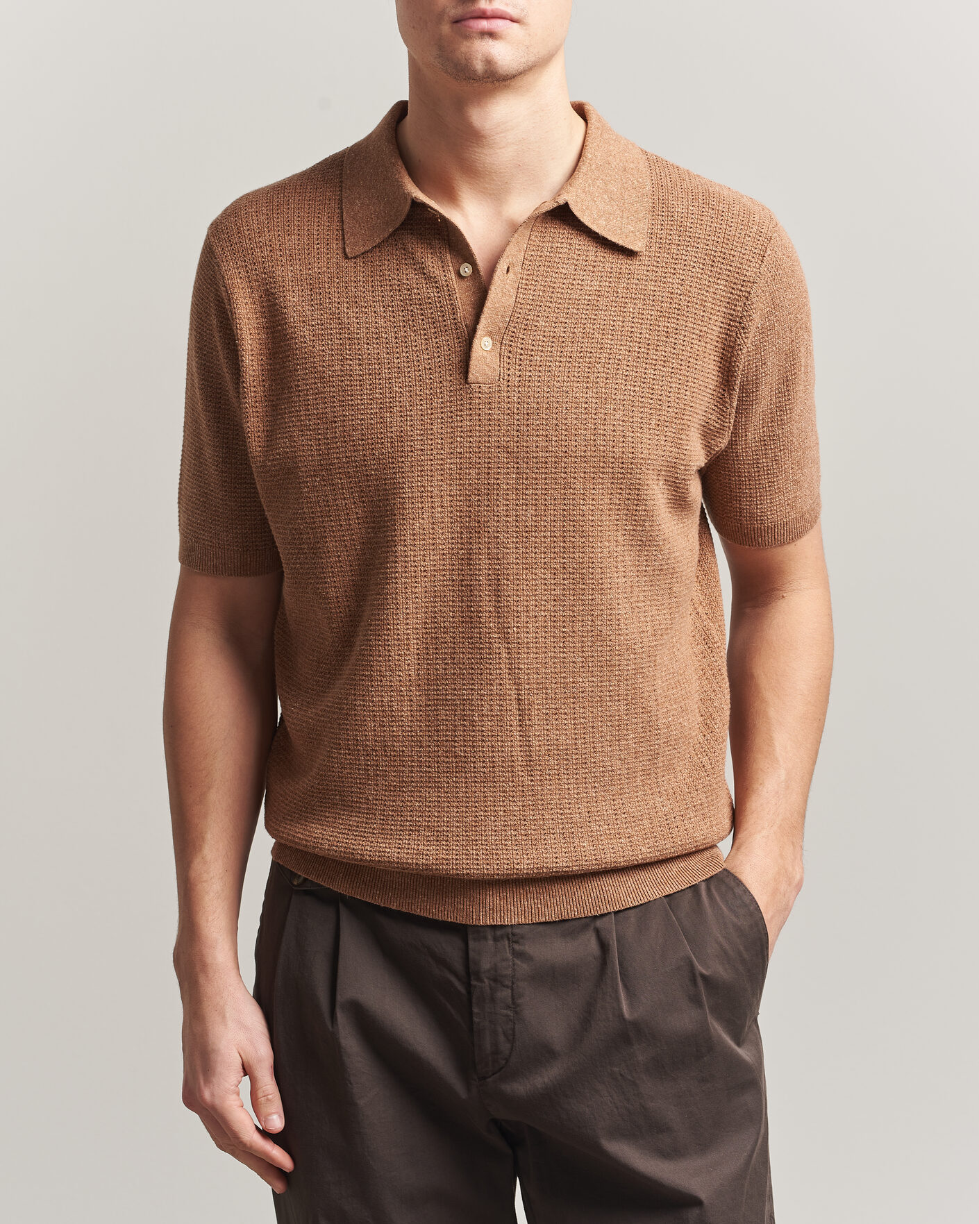 Uomini | Polo | Stenströms | Knitted Textured Cotton/Hemp Polo Light Brown