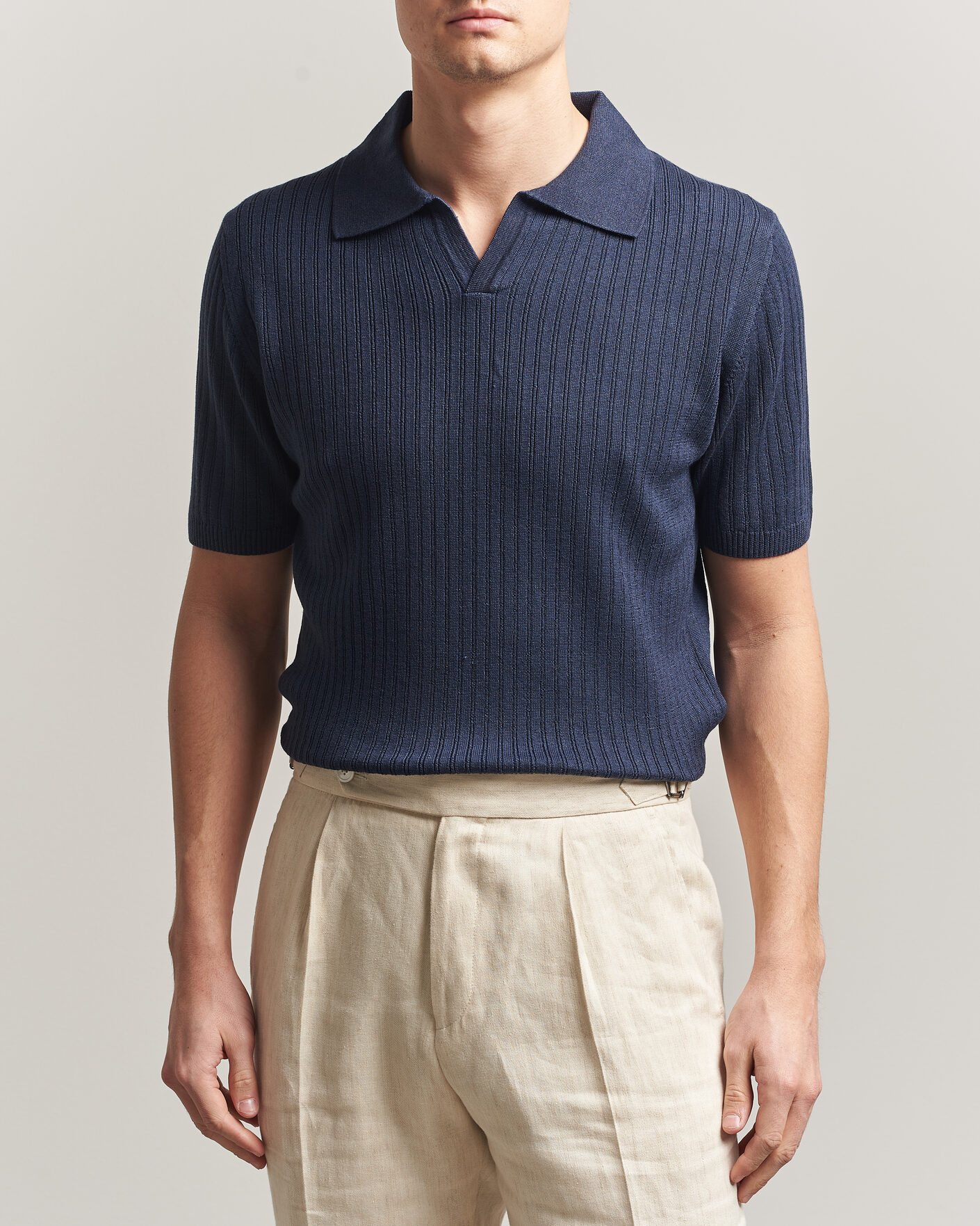Uomini | Polo | Stenströms | Linen/Merino Structured Polo Navy