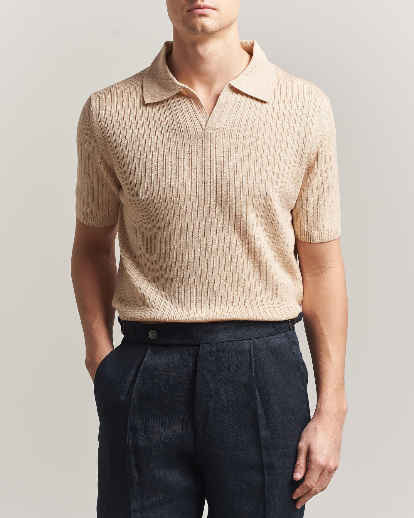 Uomini | Polo | Stenströms | Linen/Merino Structured Polo Beige