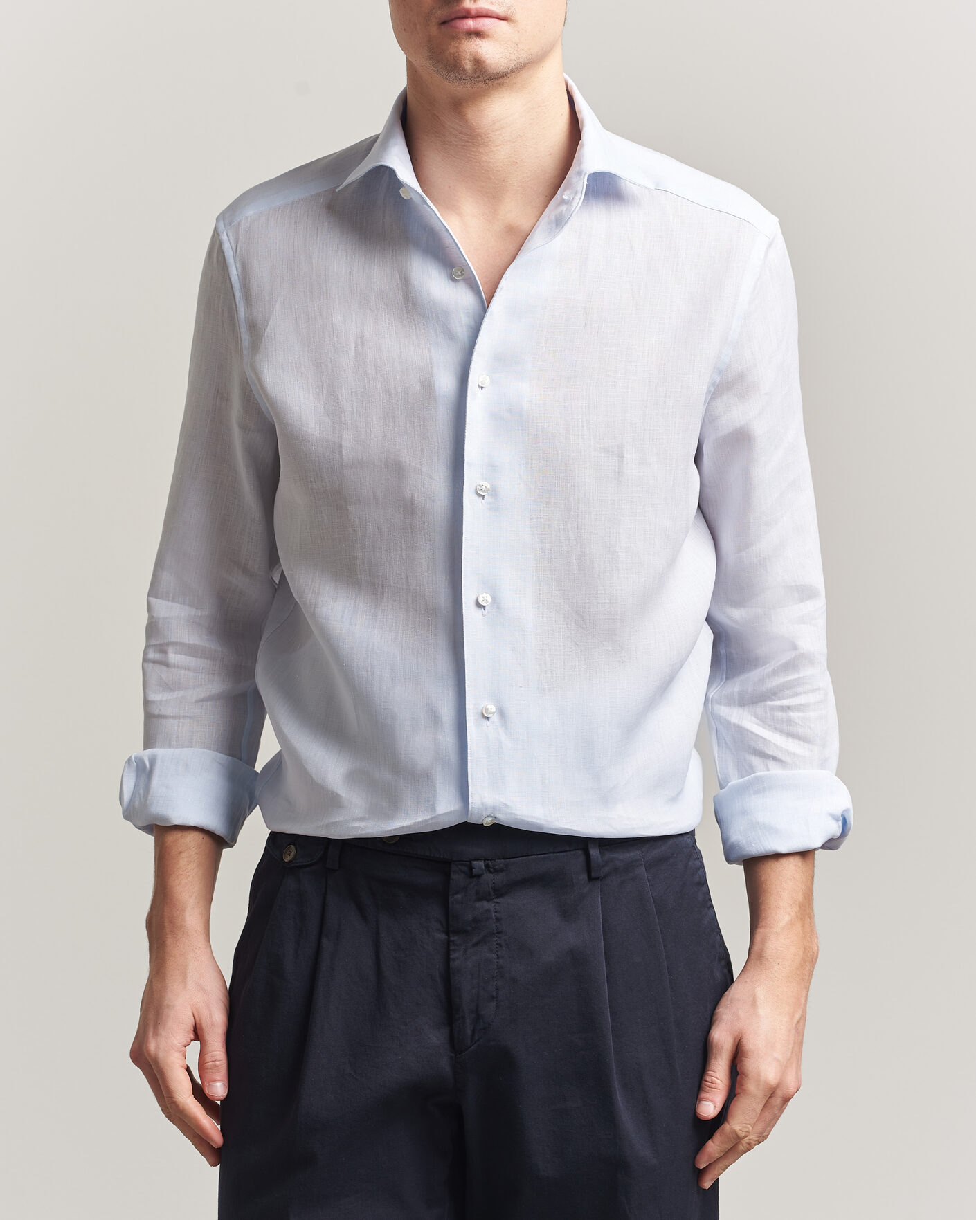 Uomini | Camicie | Stenströms | 1899 Linen One Piece Collar Shirt Light Blue