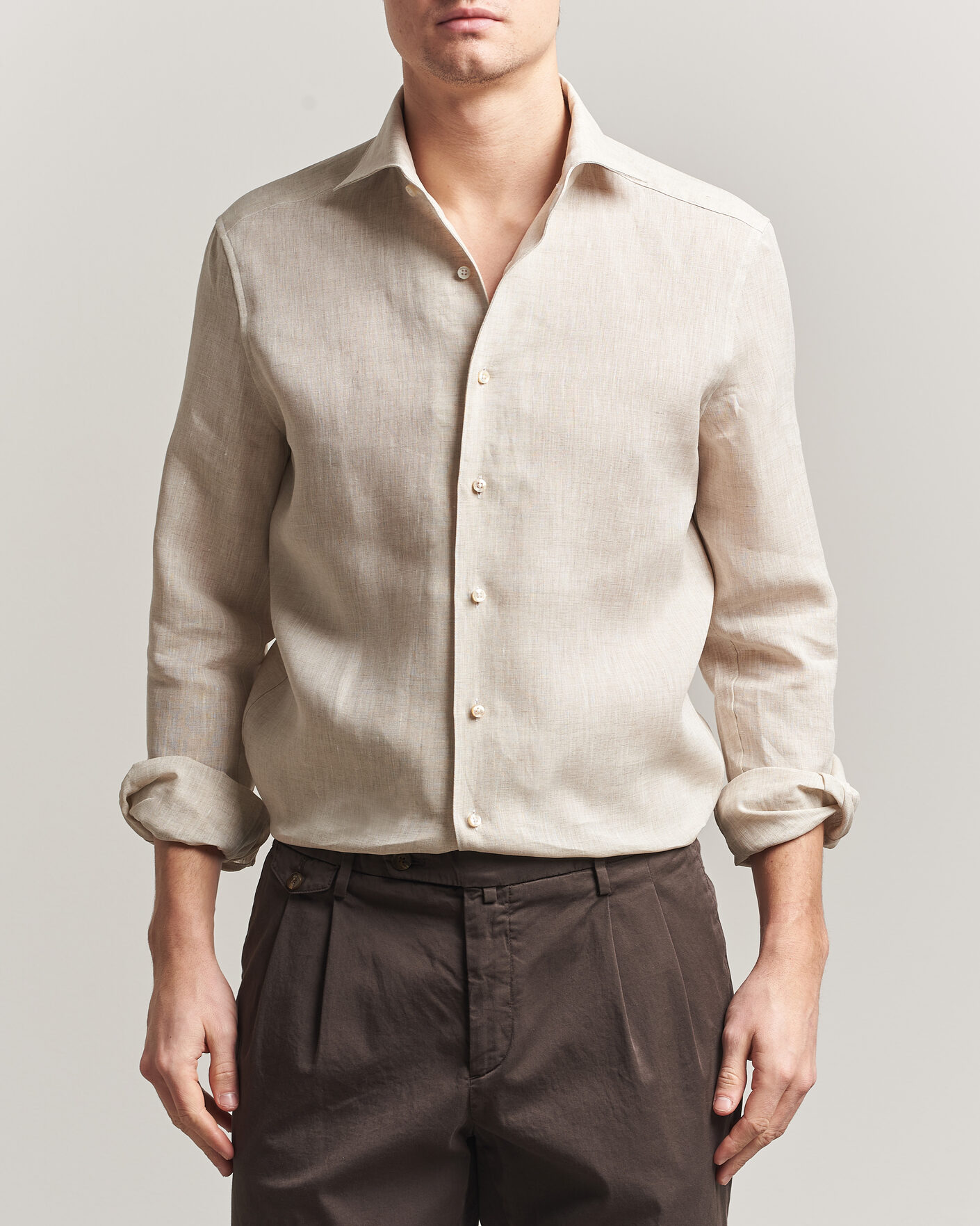 Uomini | Camicie | Stenströms | 1899 Linen One Piece Collar Shirt Beige
