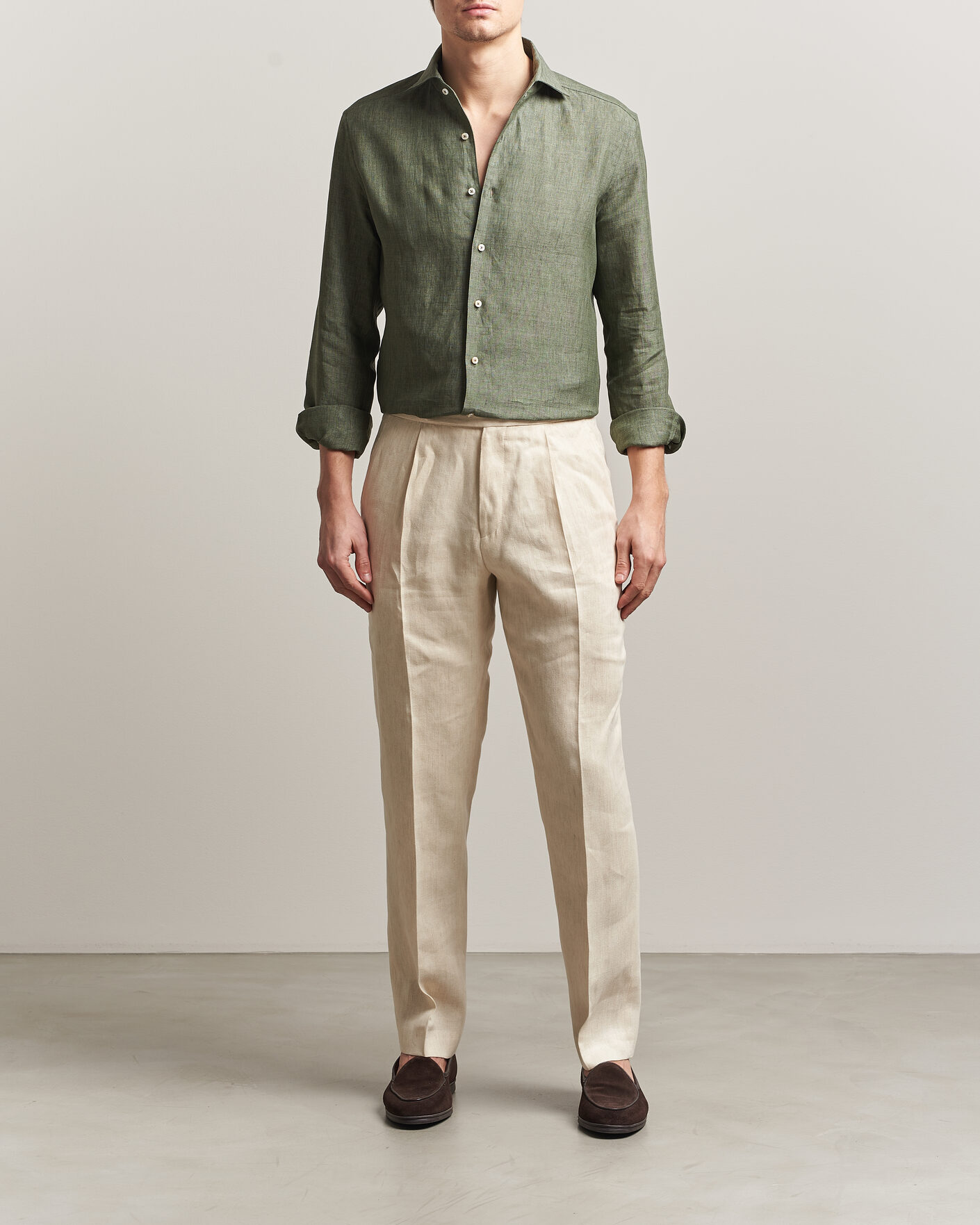 Uomini | Camicie | Stenströms | 1899 Linen One Piece Collar Shirt Olive