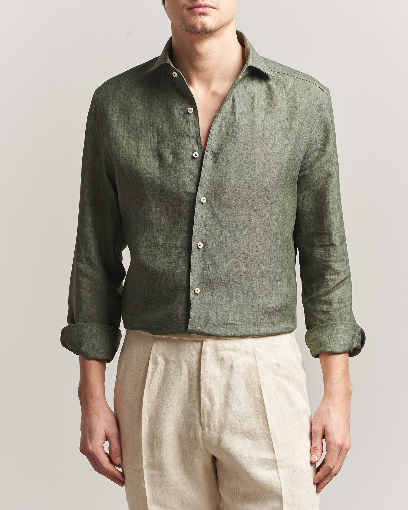 Uomini | Camicie | Stenströms | 1899 Linen One Piece Collar Shirt Olive