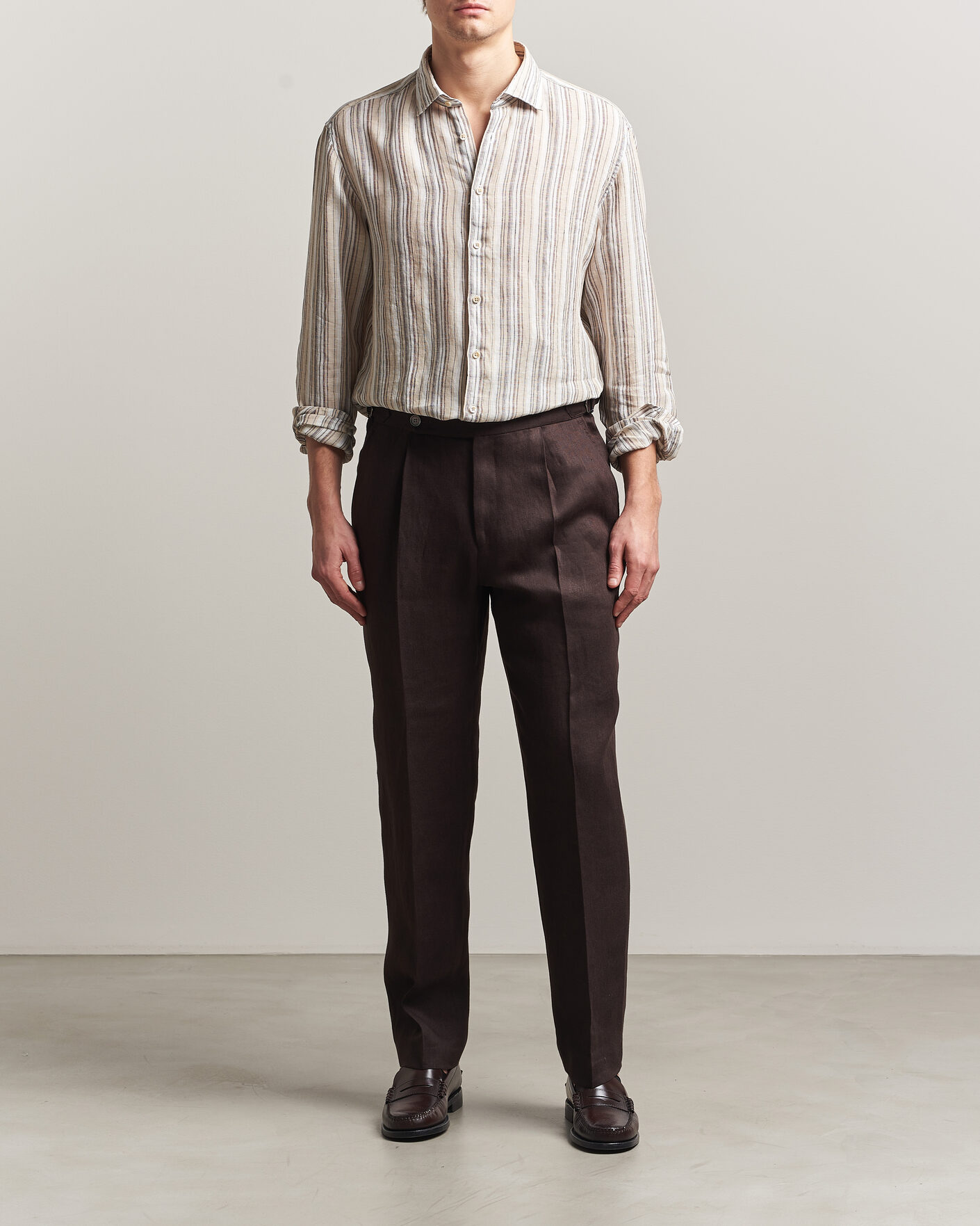 Uomini | Camicie | Stenströms | Regular Fit Multi Striped Linen Shirt Brown