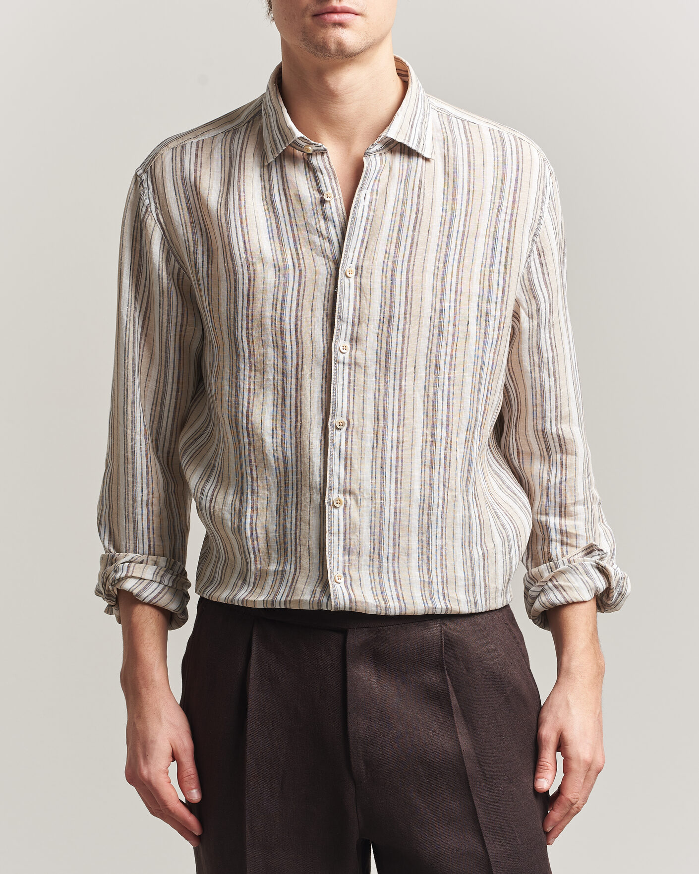 Uomini | Camicie | Stenströms | Regular Fit Multi Striped Linen Shirt Brown