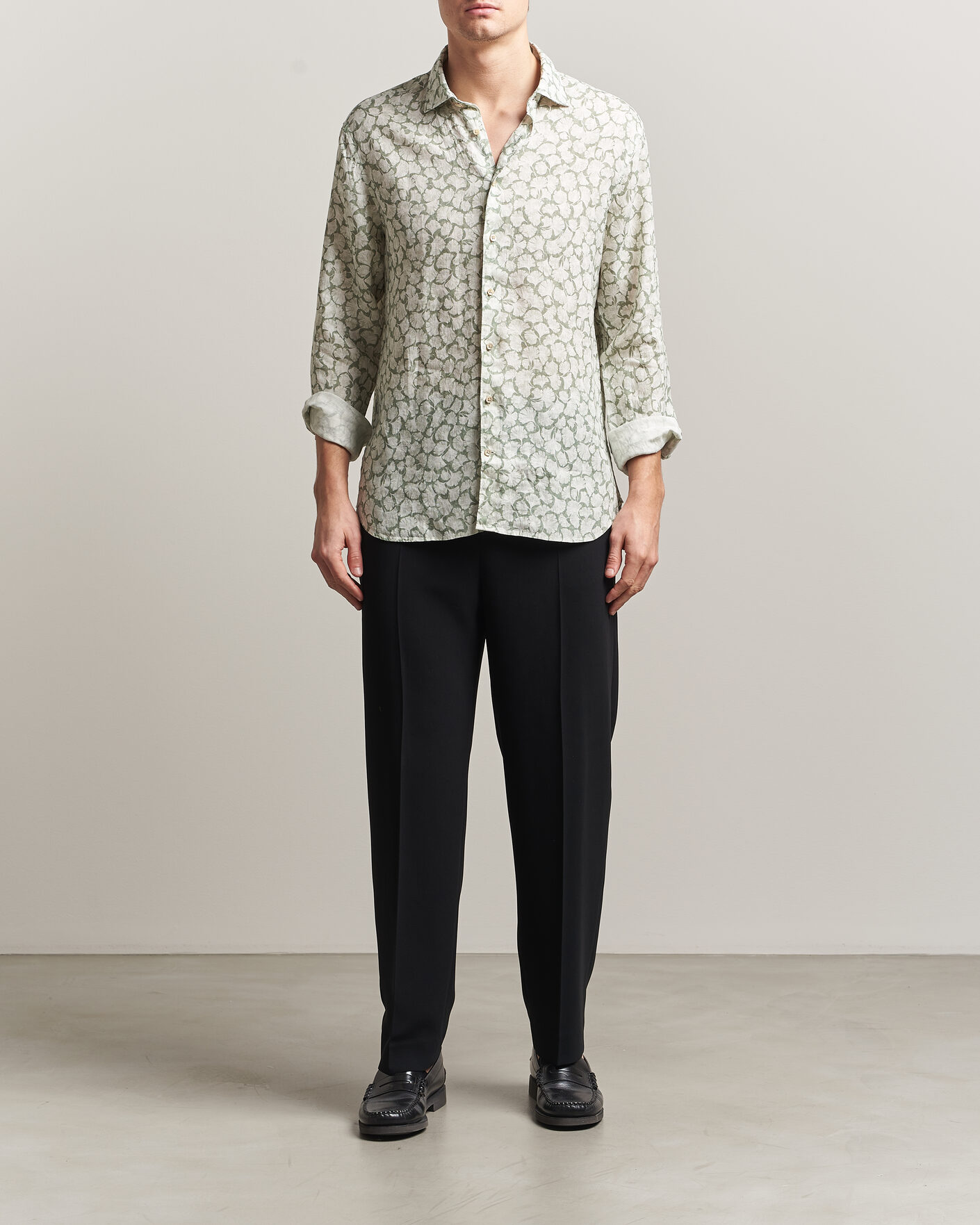 Uomini | Camicie | Stenströms | Regular Fit Flower Printed Linen Shirt Green