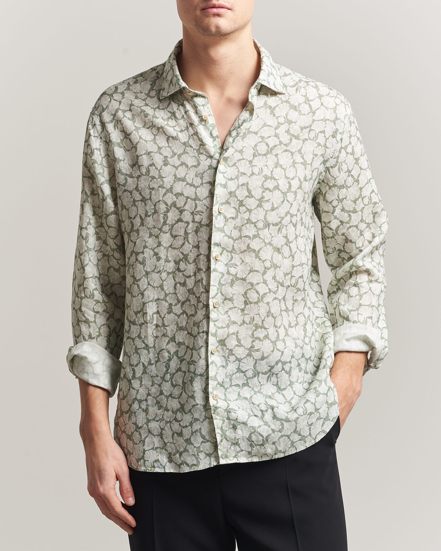 Uomini | Camicie | Stenströms | Regular Fit Flower Printed Linen Shirt Green