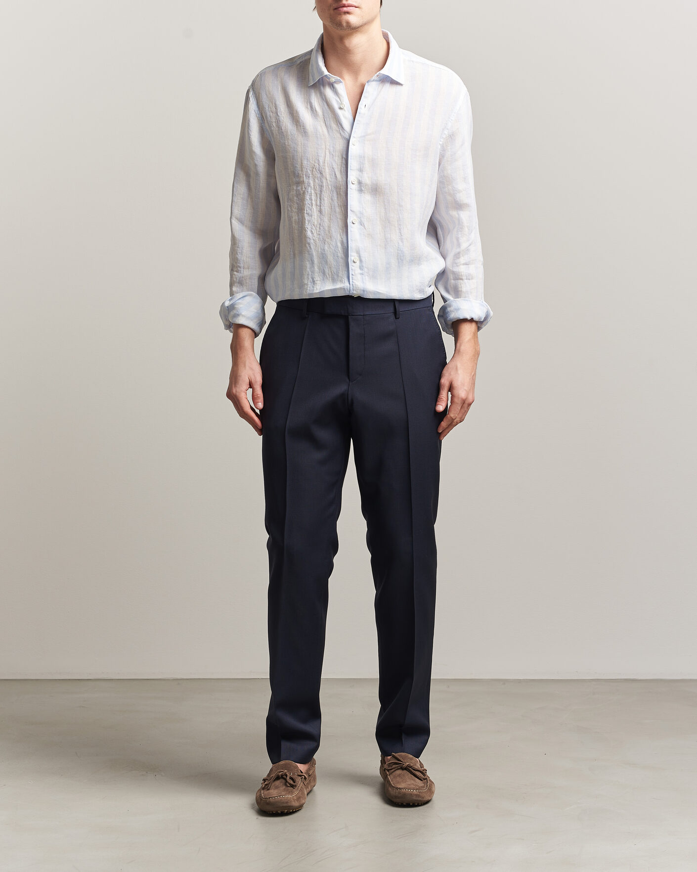Uomini | Camicie | Stenströms | Regular Fit Wide Stripe Linen Shirt Light Blue