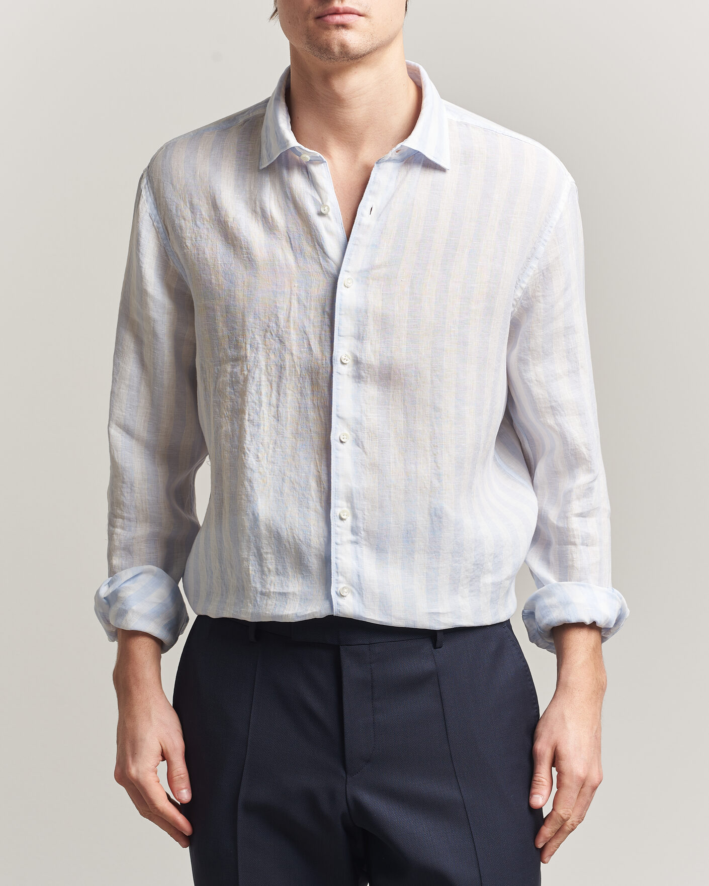 Uomini | Camicie | Stenströms | Regular Fit Wide Stripe Linen Shirt Light Blue