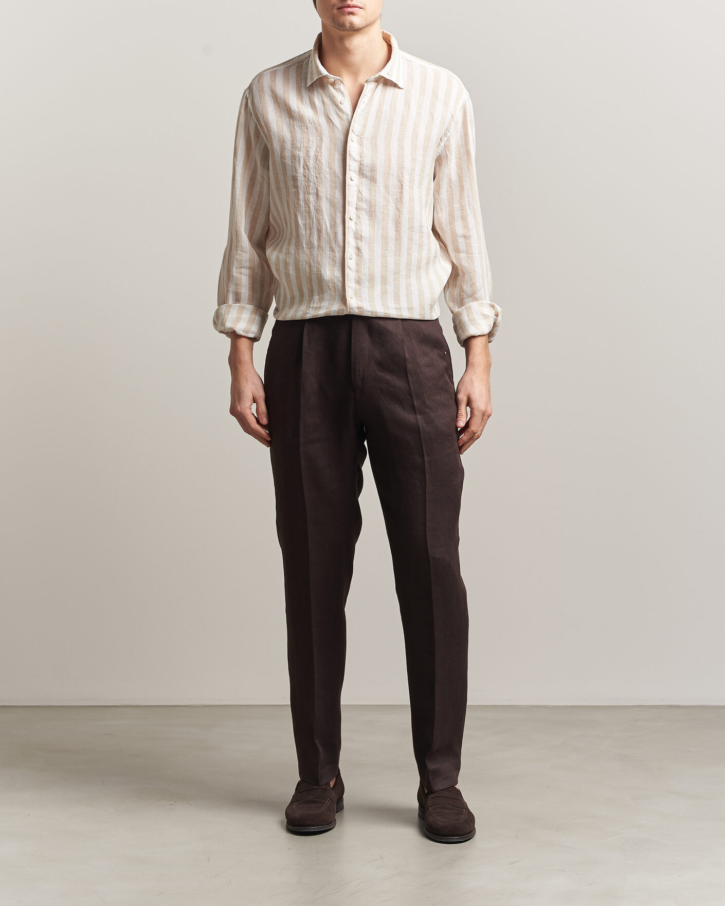 Uomini | Camicie | Stenströms | Regular Fit Wide Stripe Linen Shirt Beige