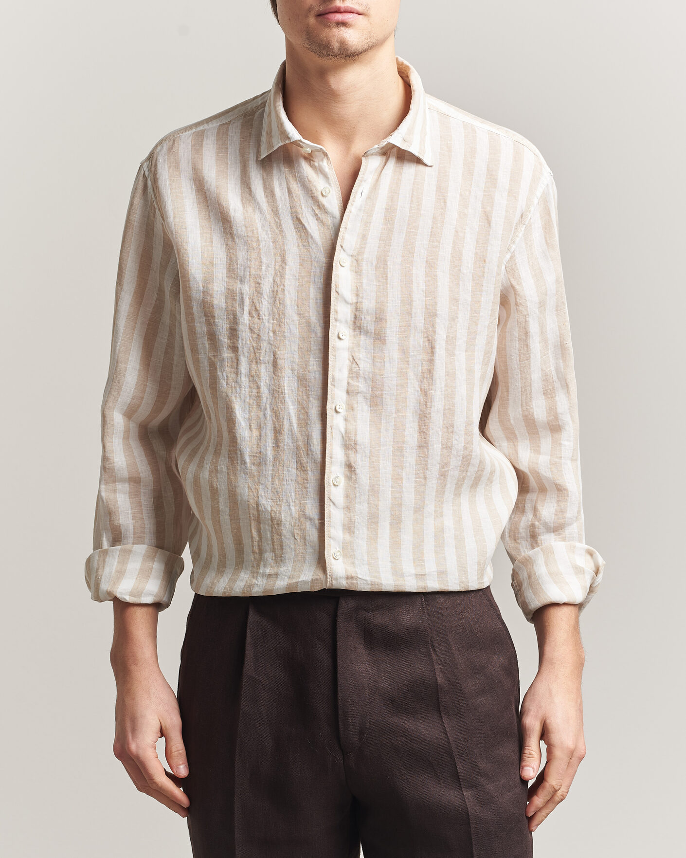 Uomini | Camicie | Stenströms | Regular Fit Wide Stripe Linen Shirt Beige