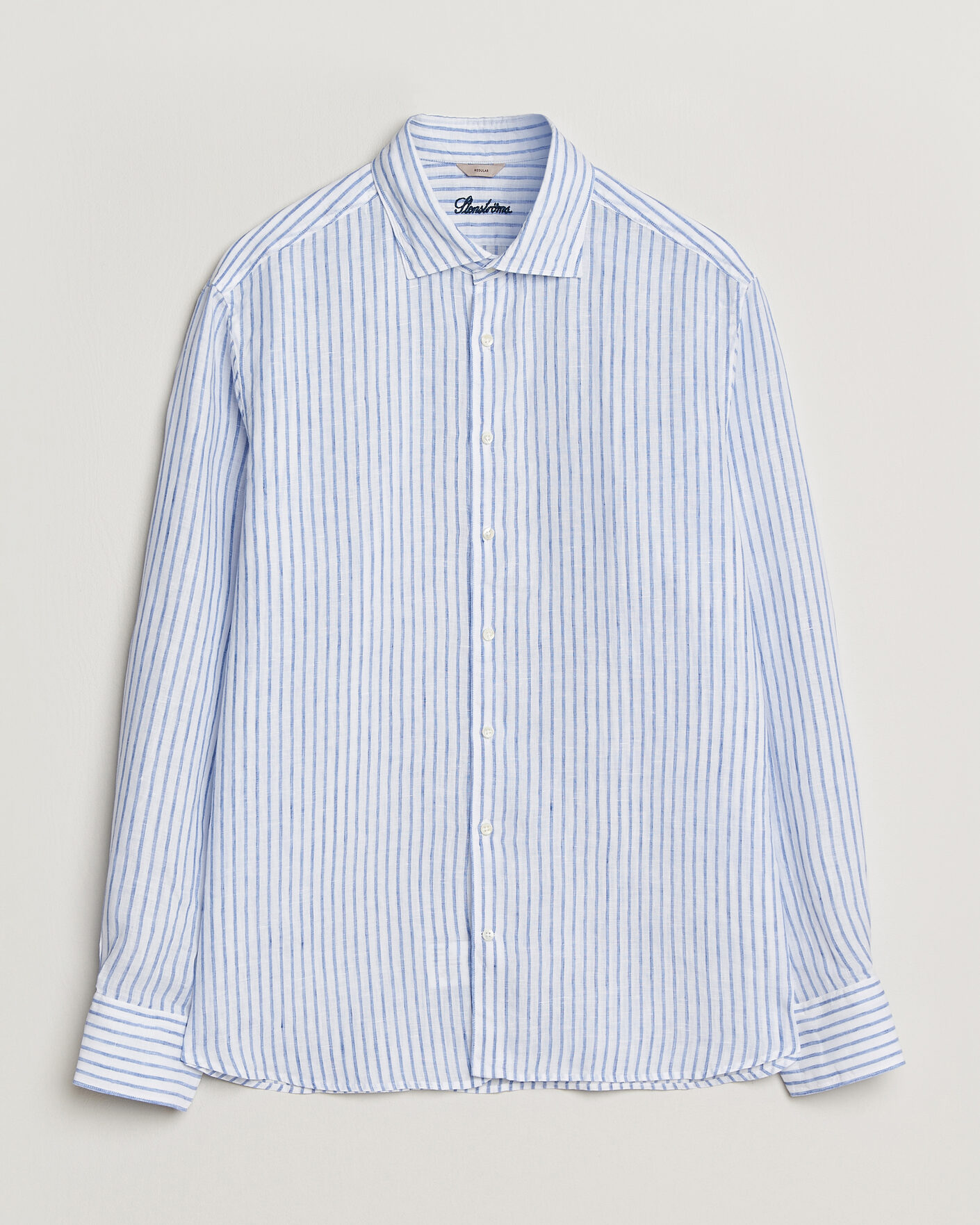 Uomini | Camicie | Stenströms | Regular Fit Striped Linen Shirt White/Dark Blue