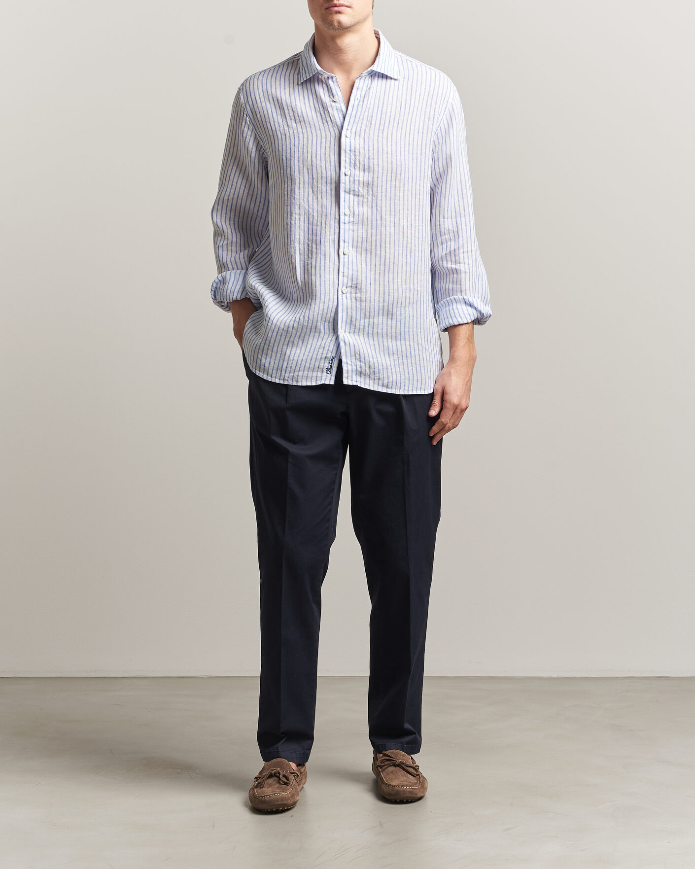 Uomini | Camicie | Stenströms | Regular Fit Striped Linen Shirt White/Dark Blue
