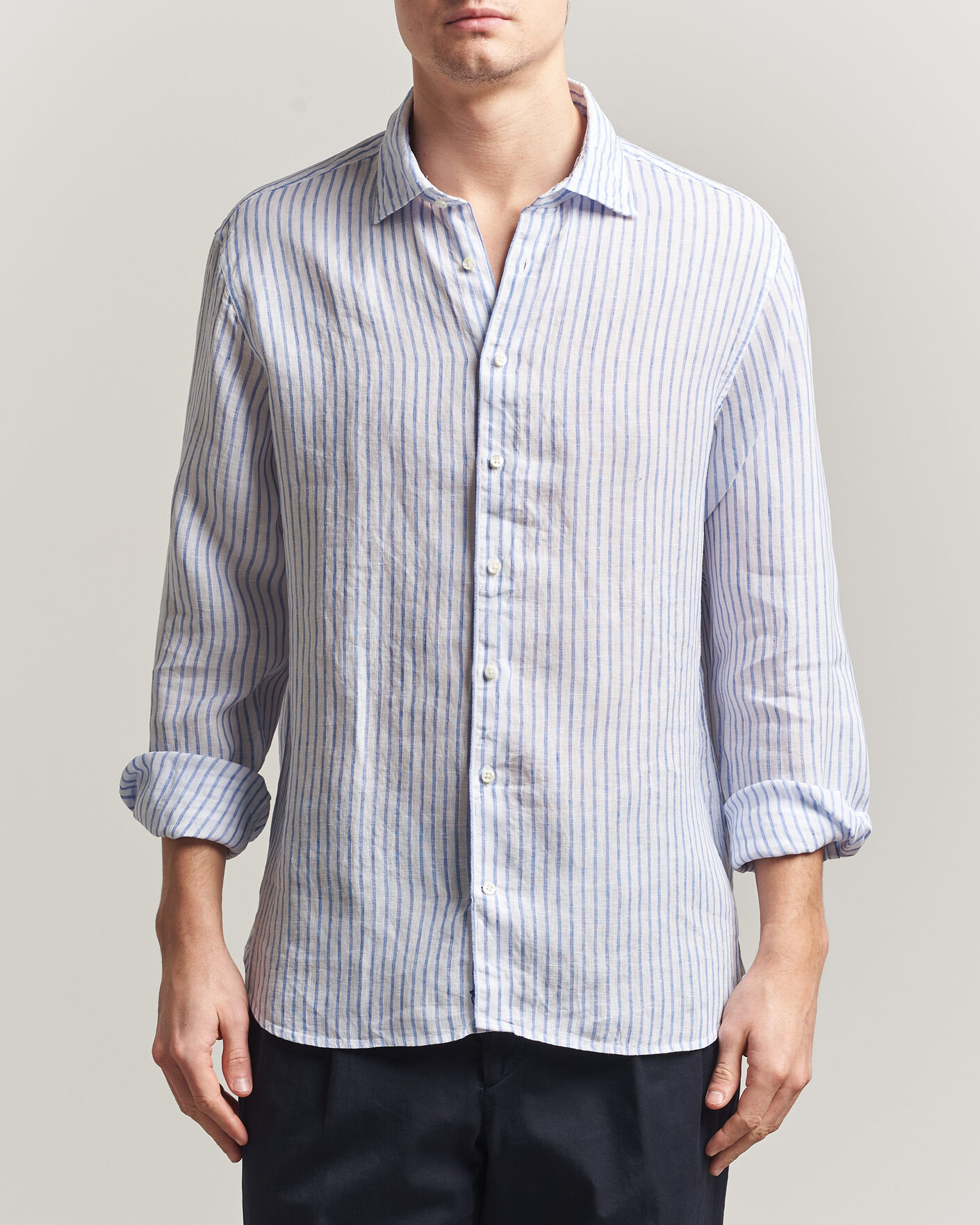 Uomini | Camicie | Stenströms | Regular Fit Striped Linen Shirt White/Dark Blue