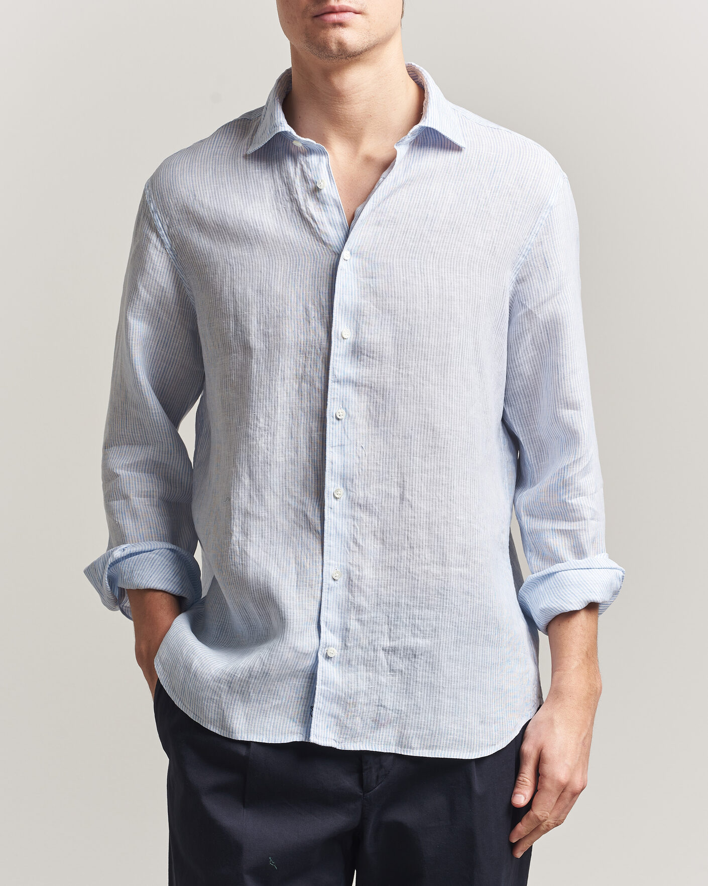 Uomini | Camicie | Stenströms | Regular Fit Thin Striped Linen Shirt Light Blue