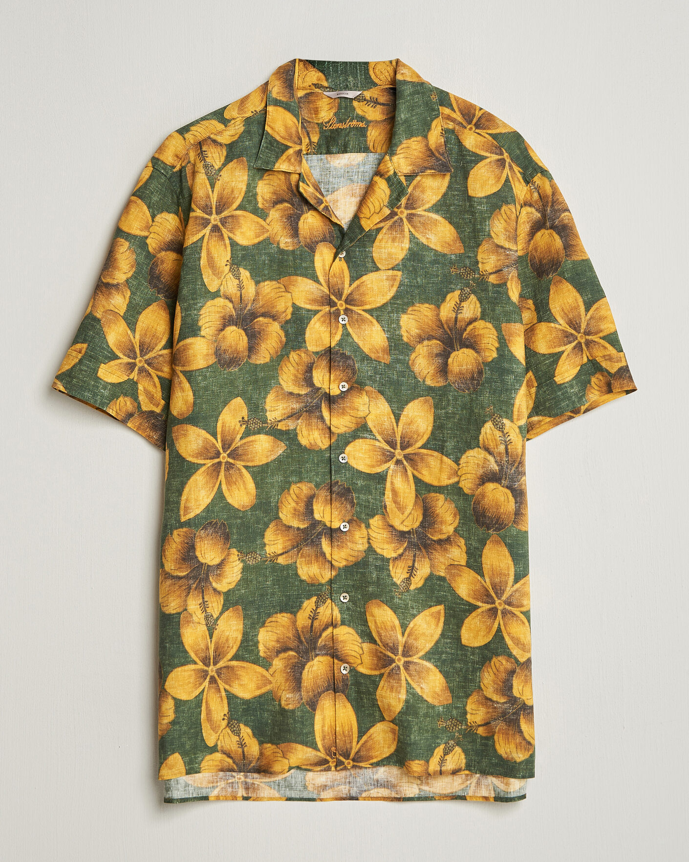 Uomini | Camicie | Stenströms | Flower Printed Short Sleeve Linen Shirt Green
