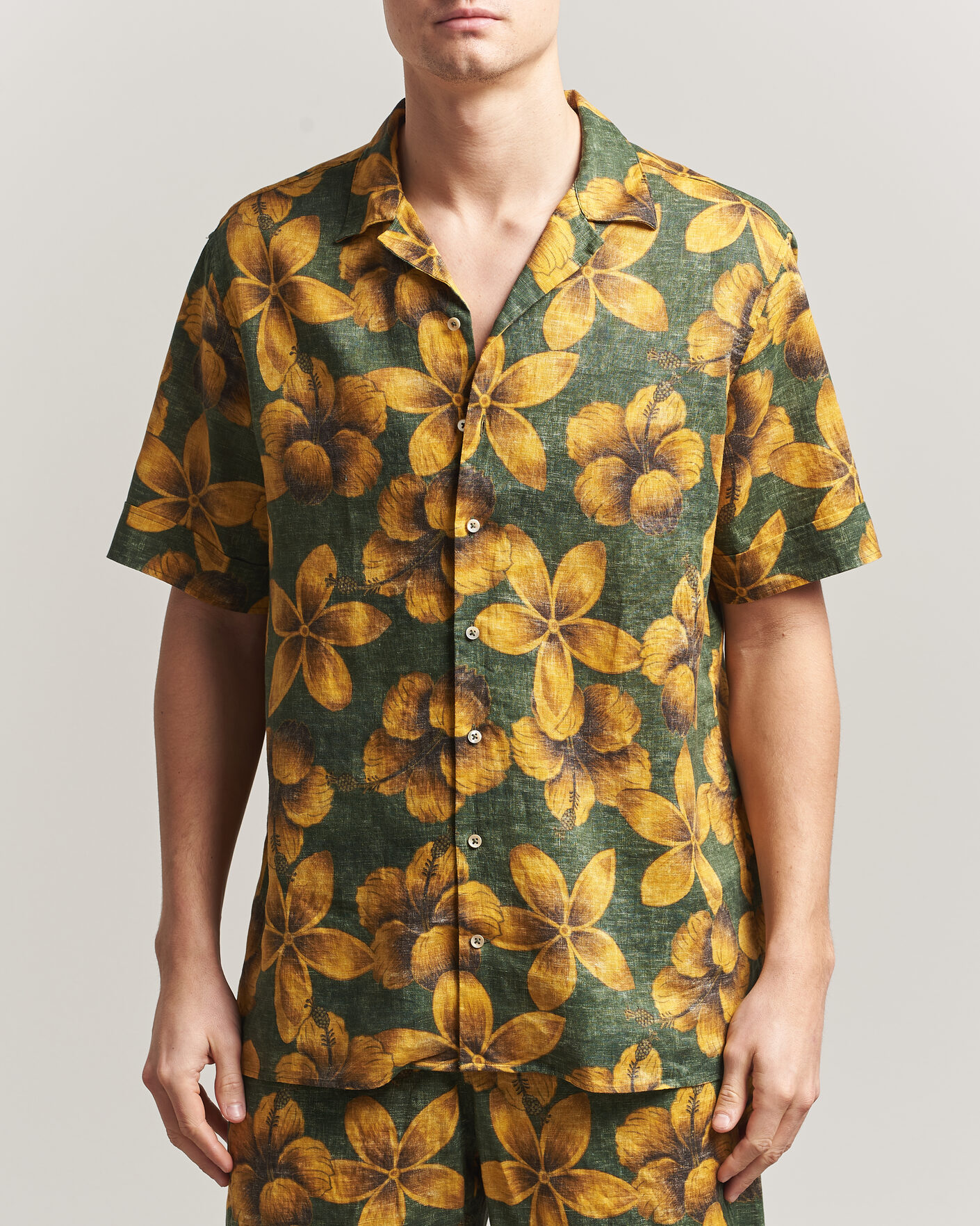 Uomini | Camicie | Stenströms | Flower Printed Short Sleeve Linen Shirt Green