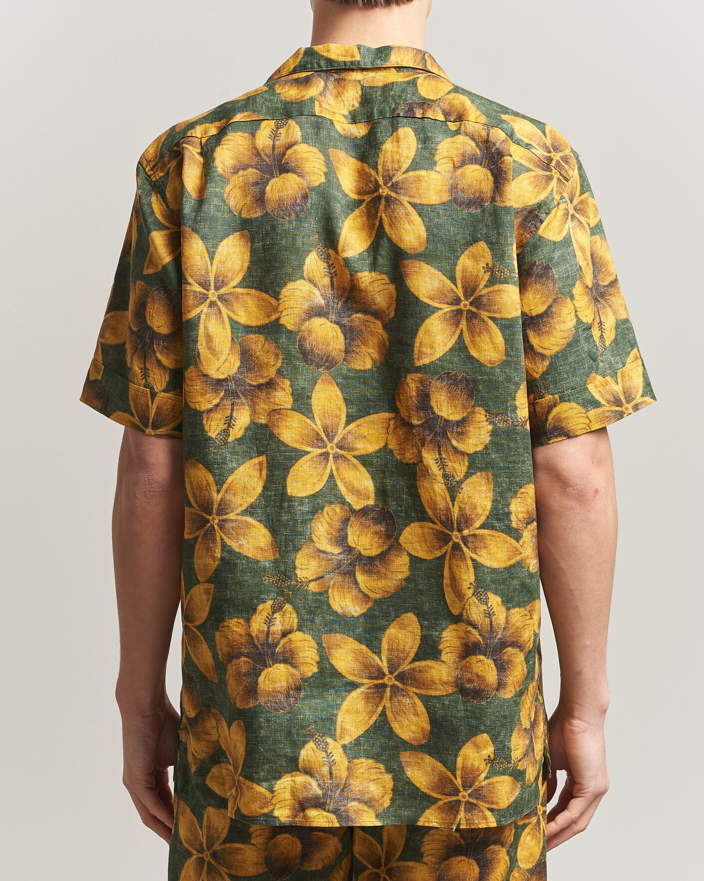Uomini | Camicie | Stenströms | Flower Printed Short Sleeve Linen Shirt Green