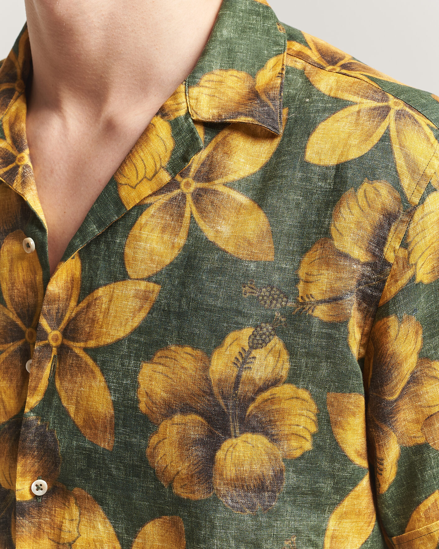 Uomini | Camicie | Stenströms | Flower Printed Short Sleeve Linen Shirt Green