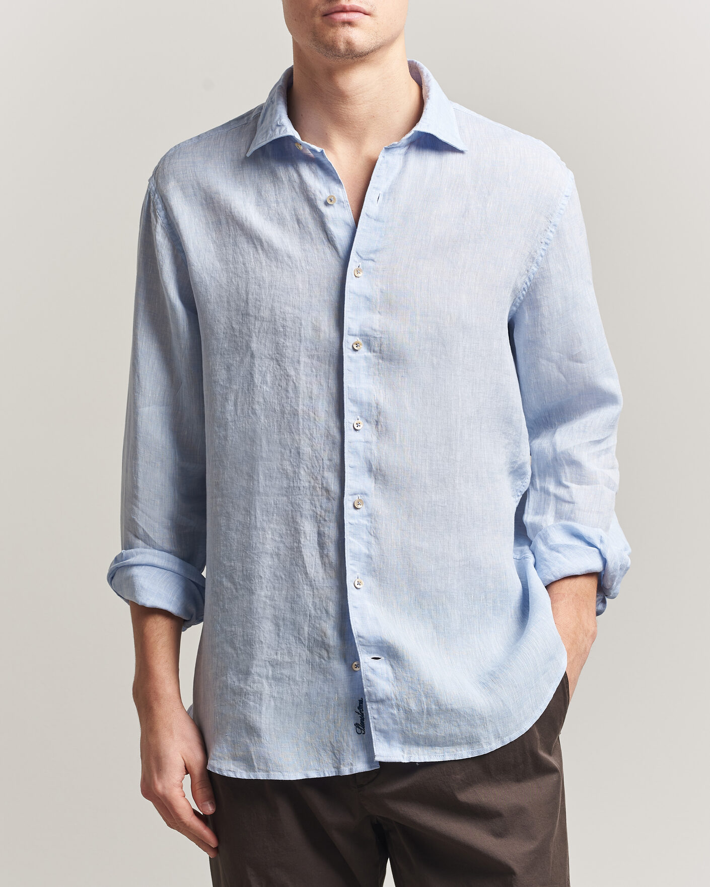 Uomini | Camicie | Stenströms | Regular Fit Cut Away Linen Shirt Light Blue