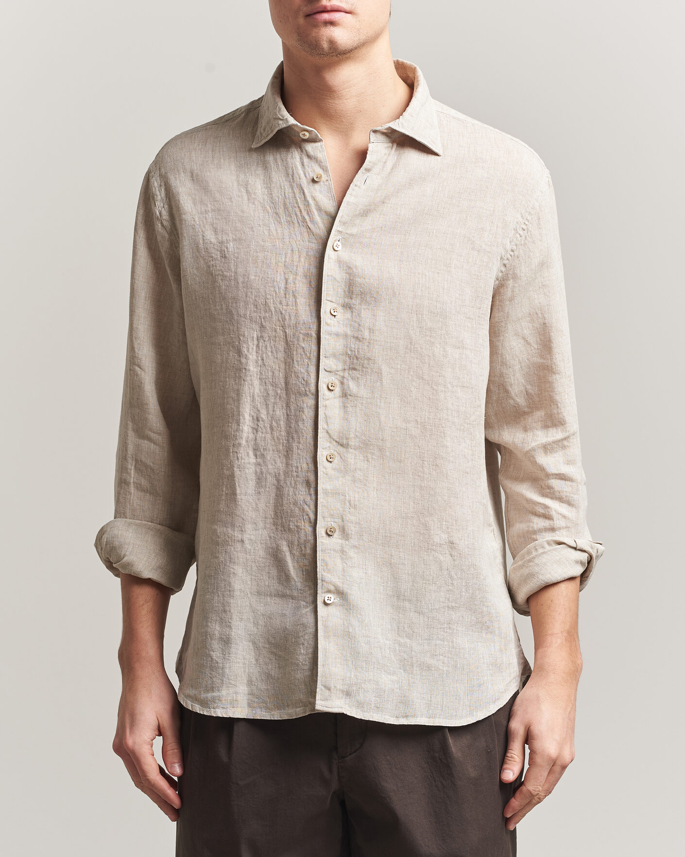 Uomini | Camicie | Stenströms | Regular Fit Cut Away Linen Shirt Beige