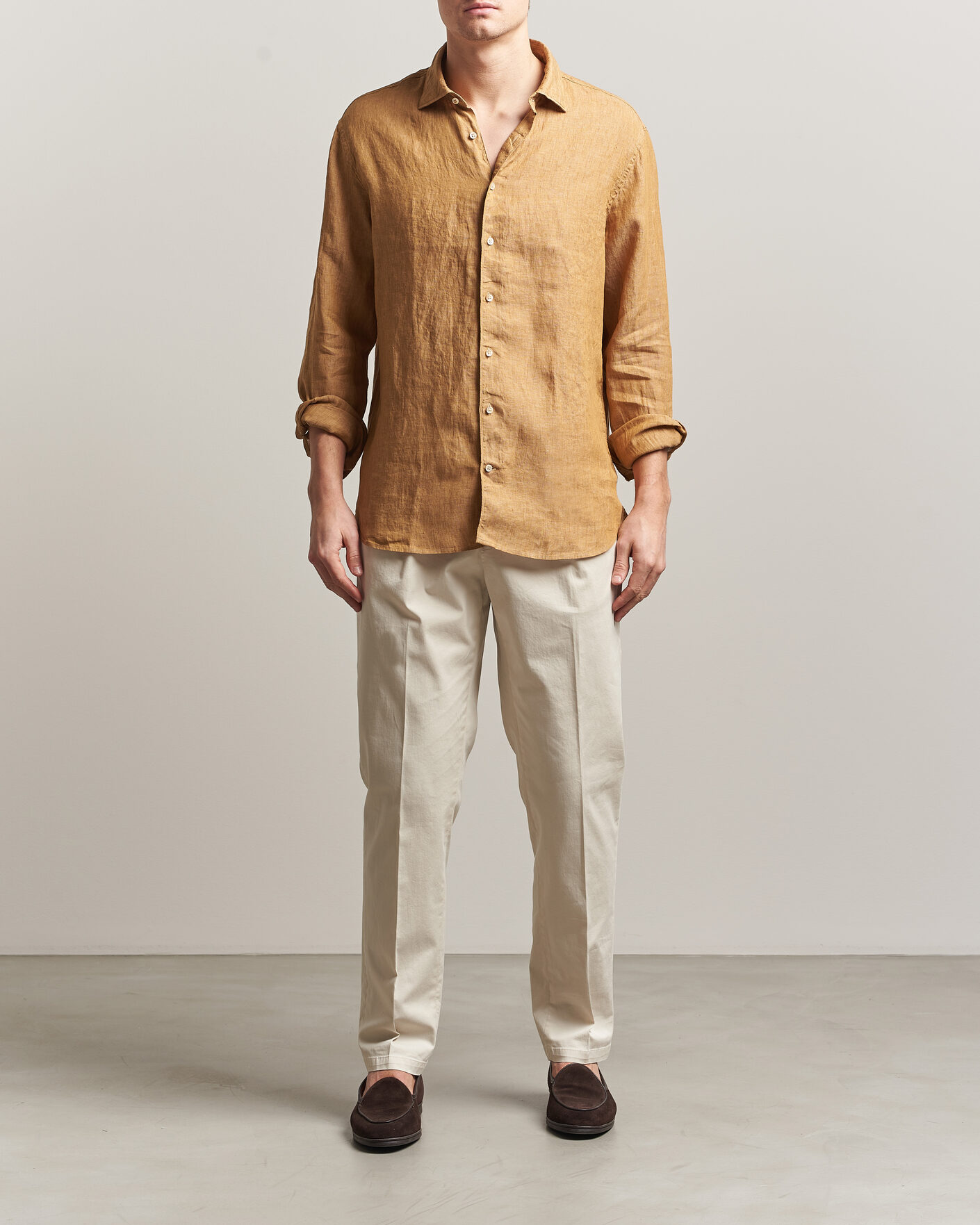 Uomini | Camicie | Stenströms | Regular Fit Cut Away Linen Shirt Light Brown