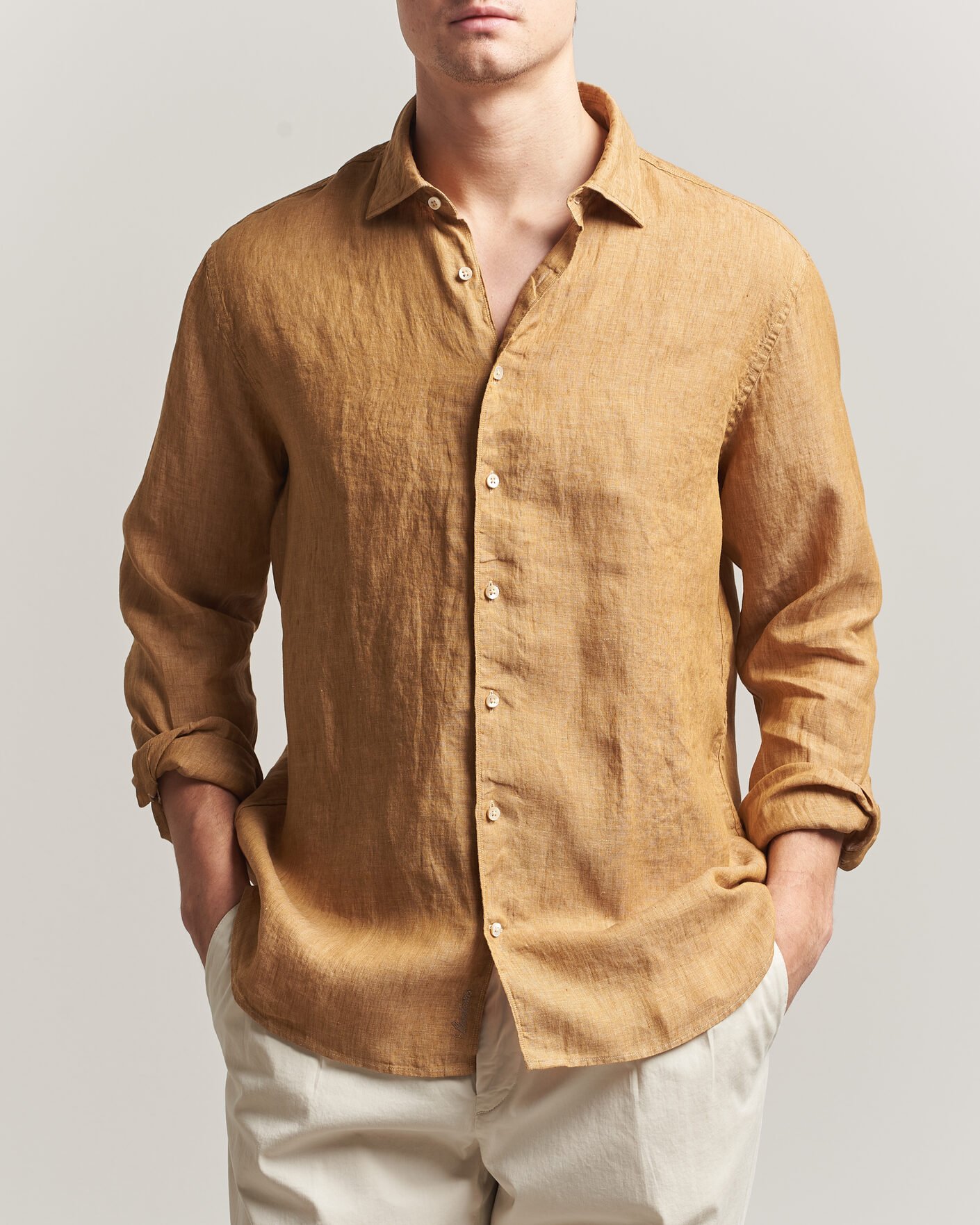 Uomini | Camicie | Stenströms | Regular Fit Cut Away Linen Shirt Light Brown