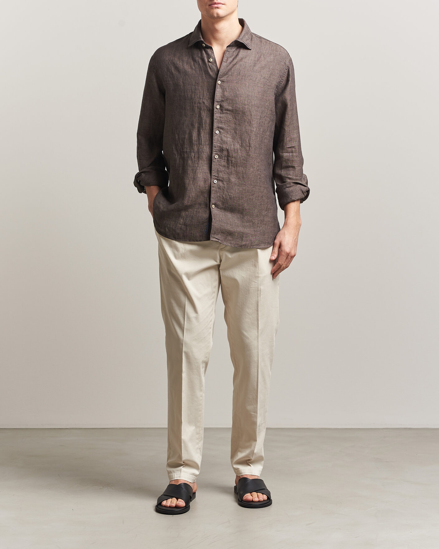 Uomini | Camicie | Stenströms | Regular Fit Cut Away Linen Shirt Brown