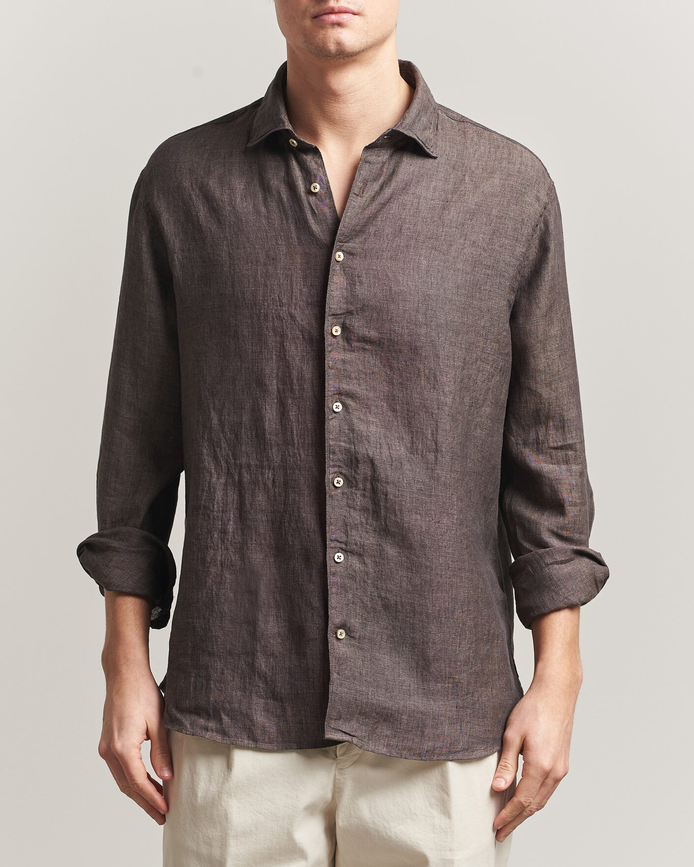 Uomini | Camicie | Stenströms | Regular Fit Cut Away Linen Shirt Brown
