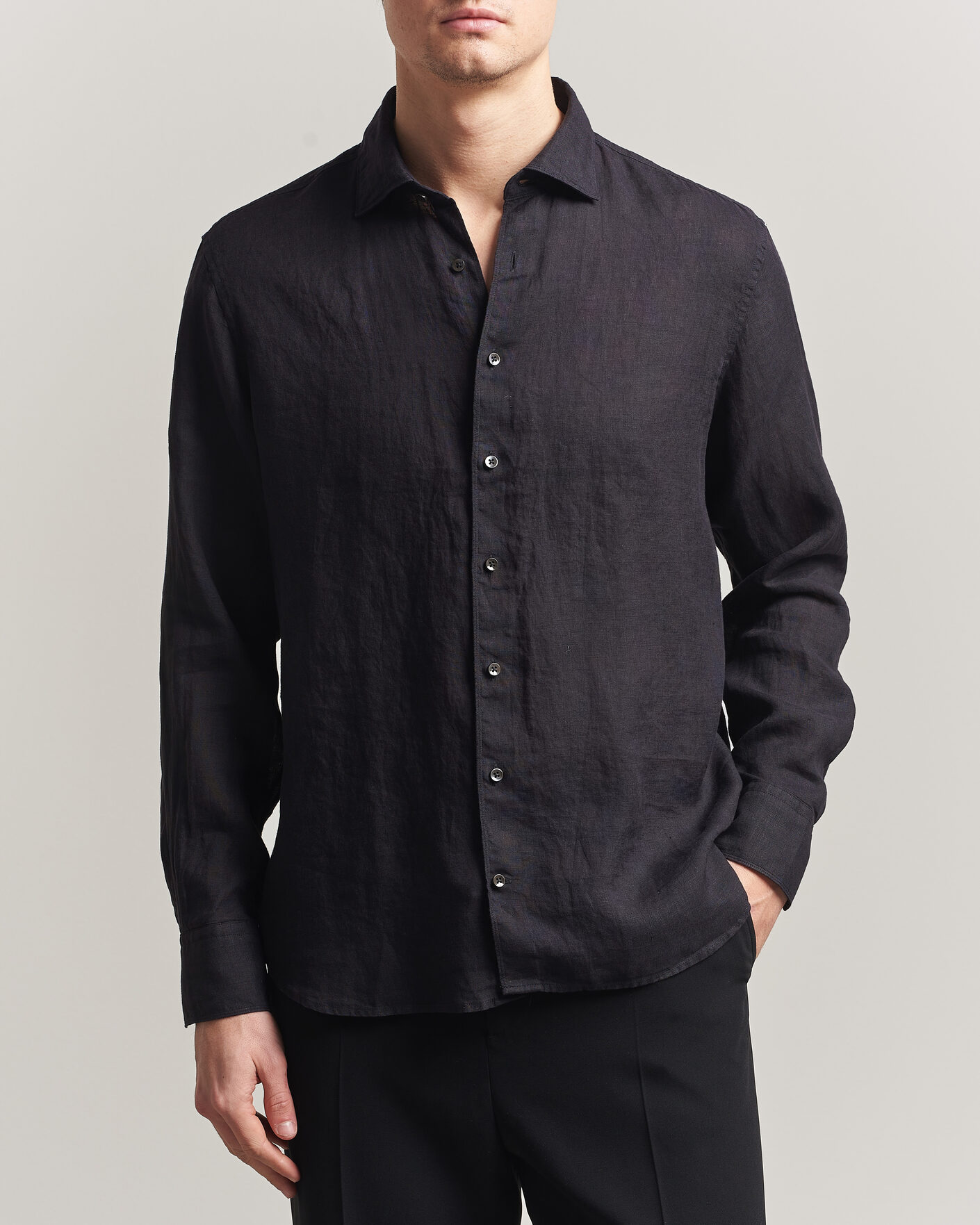 Uomini | Camicie | Stenströms | Regular Fit Cut Away Linen Shirt Black