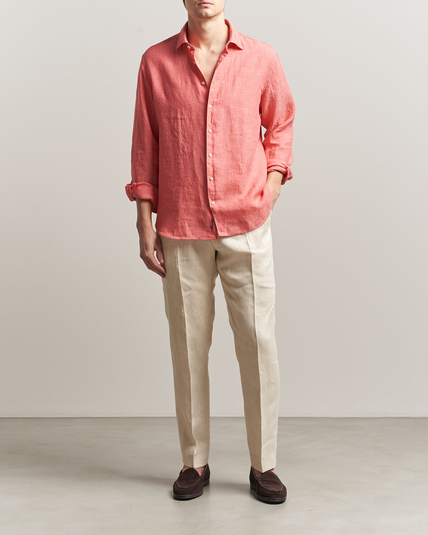 Uomini | Camicie | Stenströms | Regular Fit Cut Away Linen Shirt Raspberry