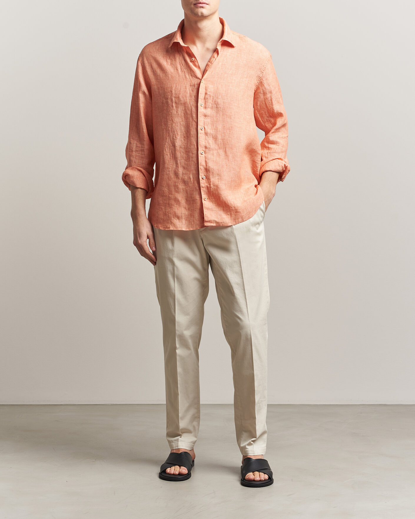 Uomini | Camicie | Stenströms | Regular Fit Cut Away Linen Shirt Orange