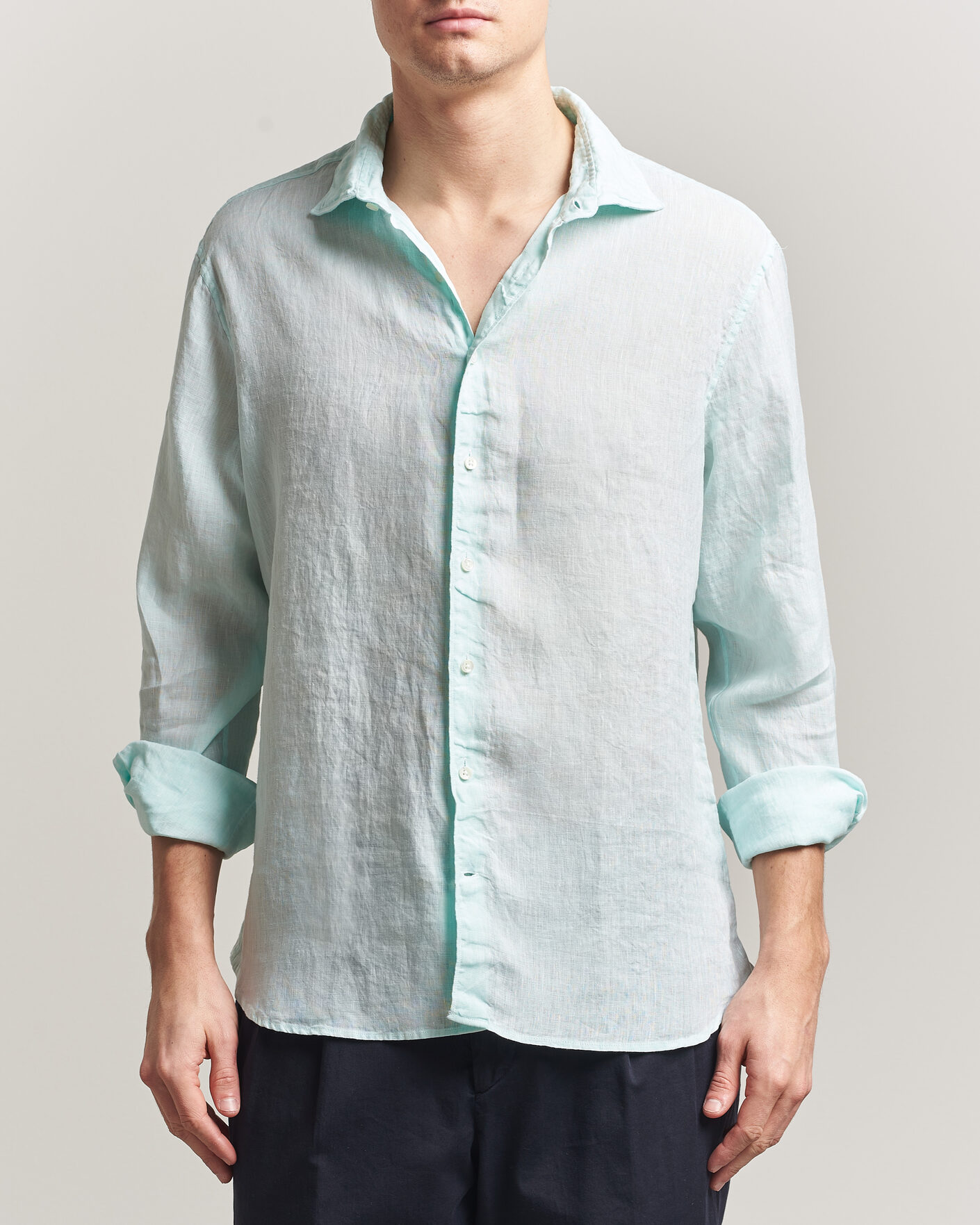 Uomini | Camicie | Stenströms | Regular Fit Cut Away Linen Shirt Mint
